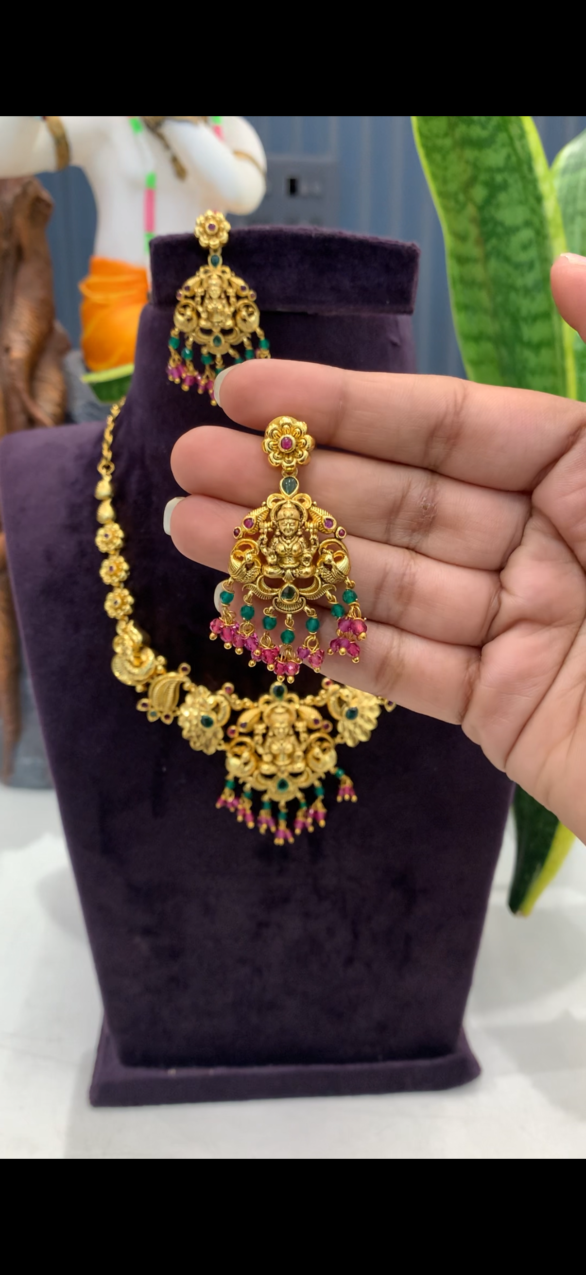 Beautiful Lakshmi devi and peacock design necklace with pushback earrings
