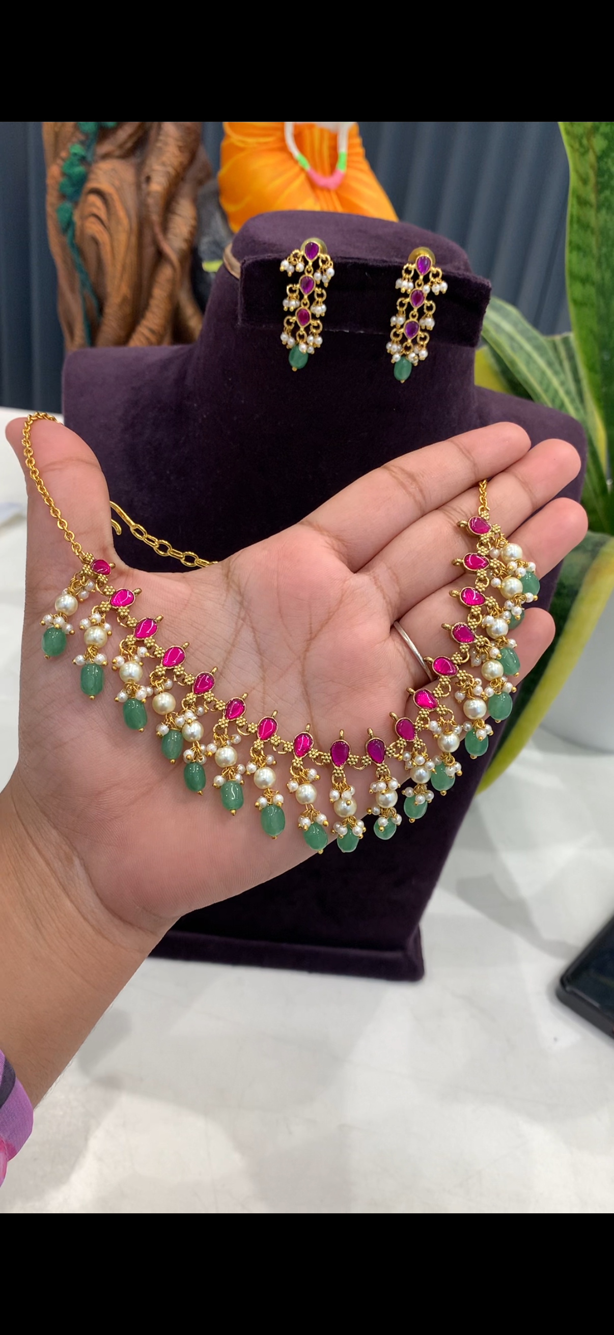 Beautiful Handmade Jadau kundhan and beads neckset with pushback earrings