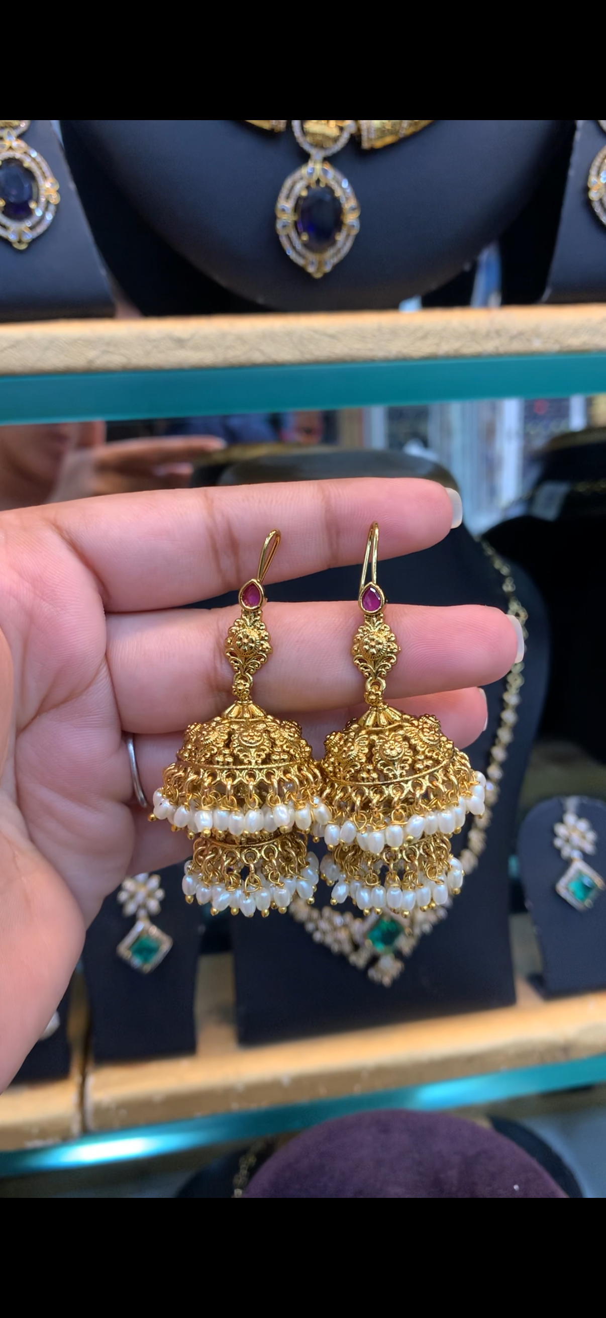 Beautiful double step hangable jumkis with rice pearls
