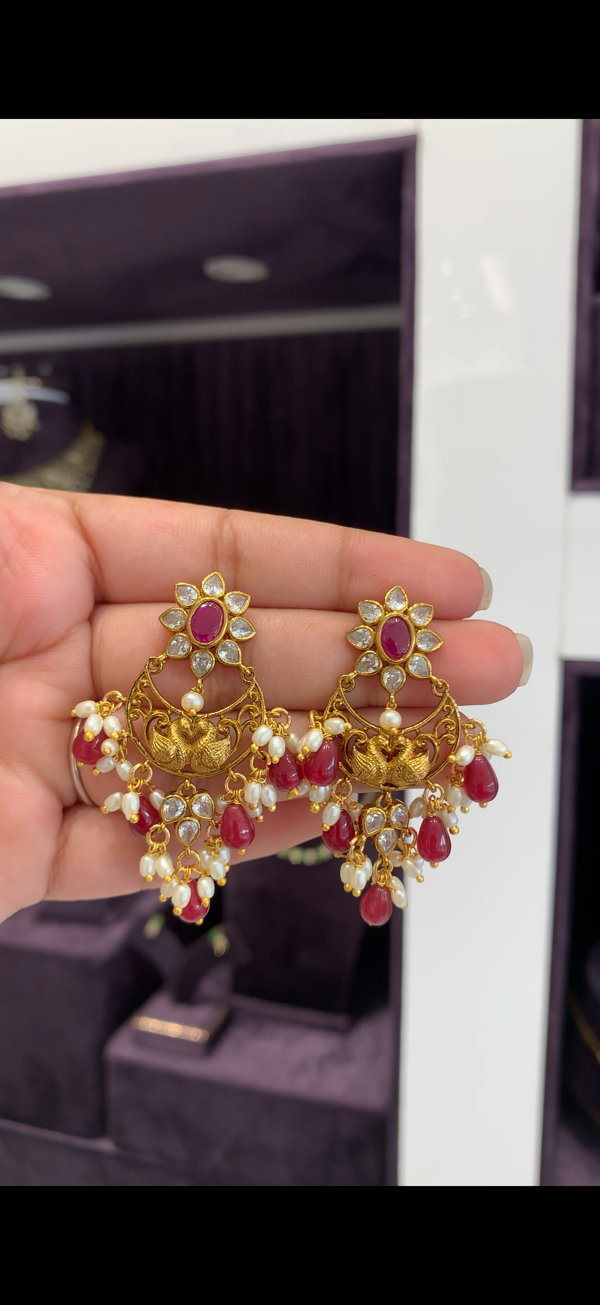 Beautiful uncut stone Chandbali pushback earrings with beads finishing