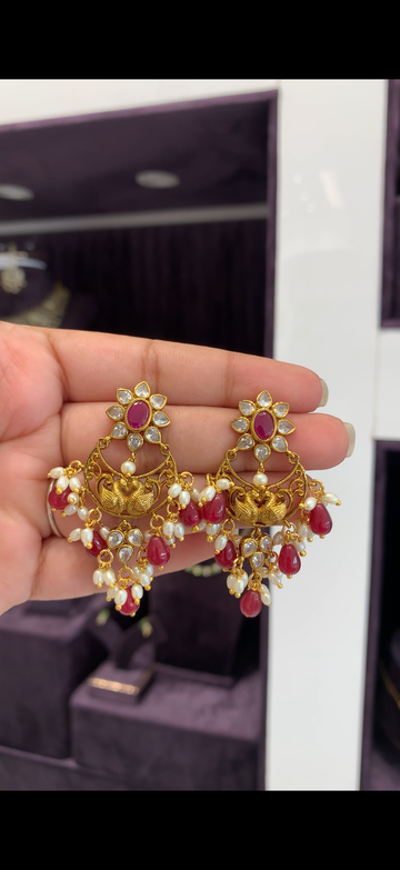 Beautiful uncut stone Chandbali pushback earrings with beads finishing