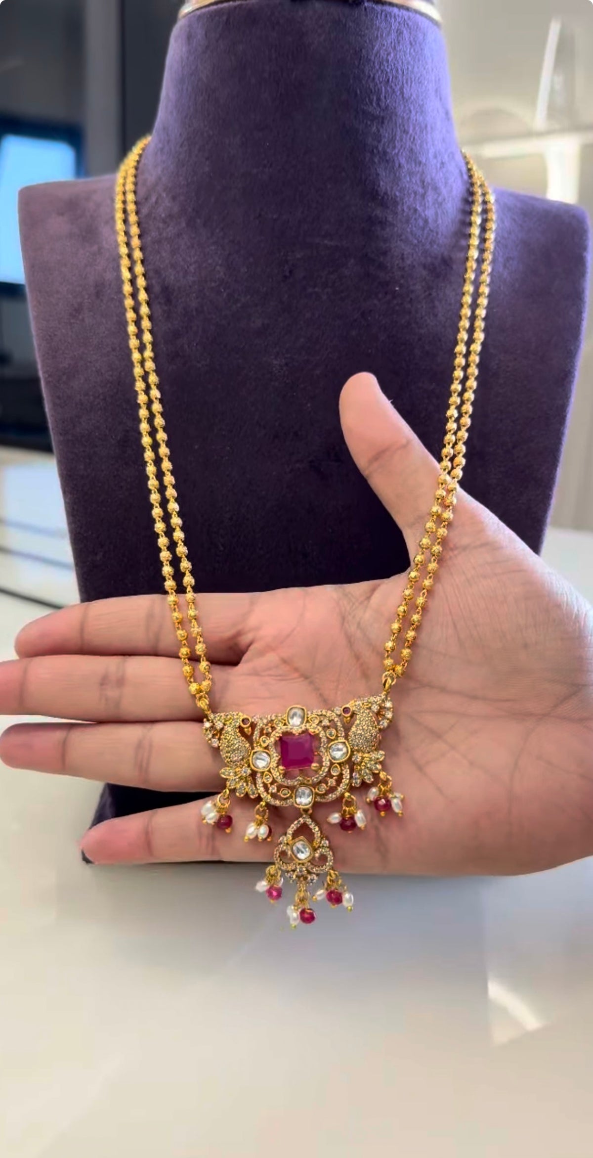 Beautiful peacock design CZ stones pendant with chain 18 to 22 inchs long