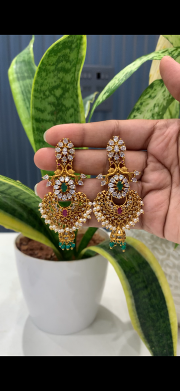 Beautiful white stone,antique polish Chandbali earrings with pushback