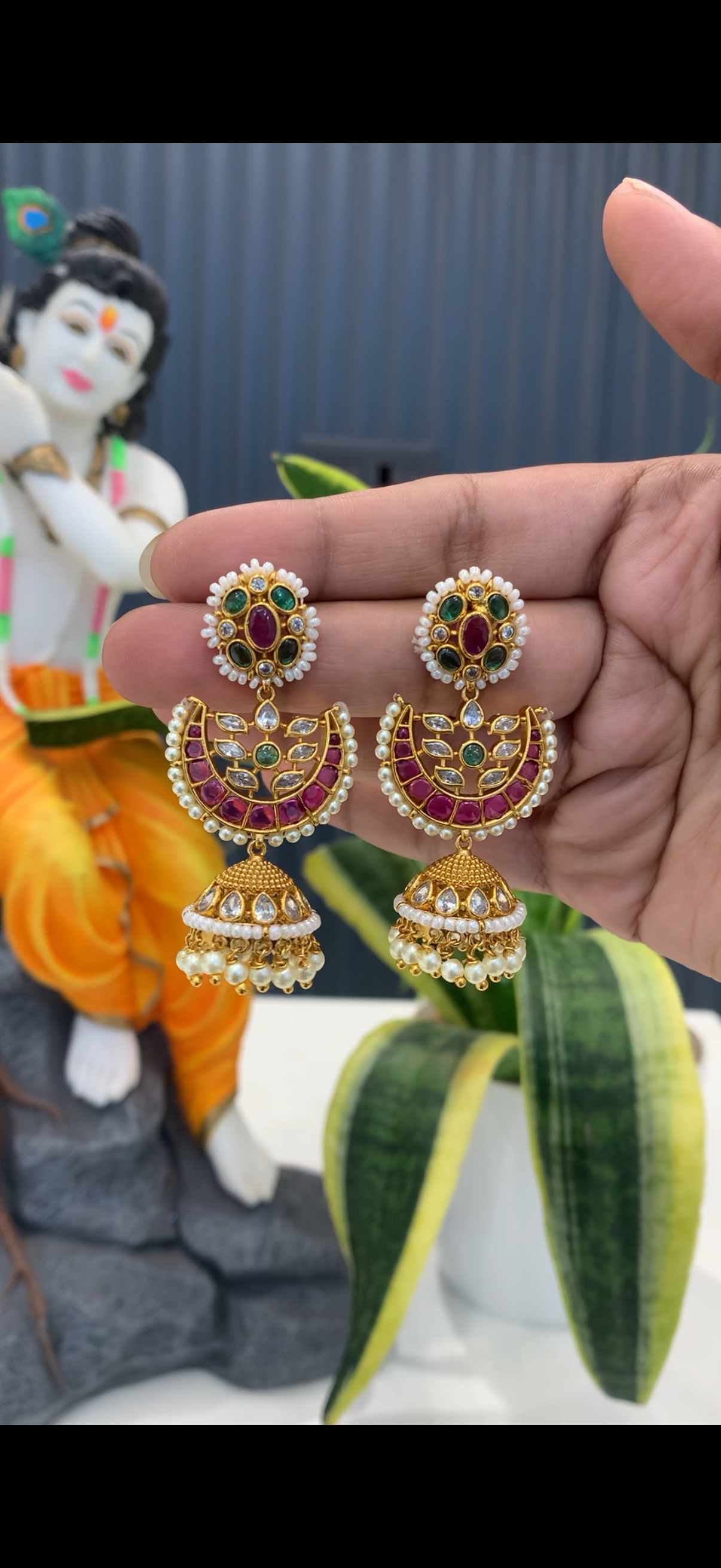 Beautiful pota stone pushback earrings with pearls finishing