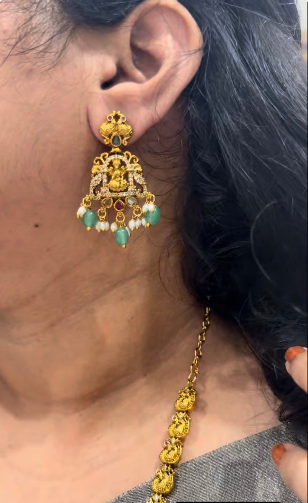Beautiful Lakshmi devi & peacock design 2layers haram with pushback earrings