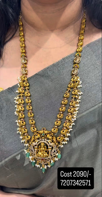 Beautiful Lakshmi devi & peacock design 2layers haram with pushback earrings