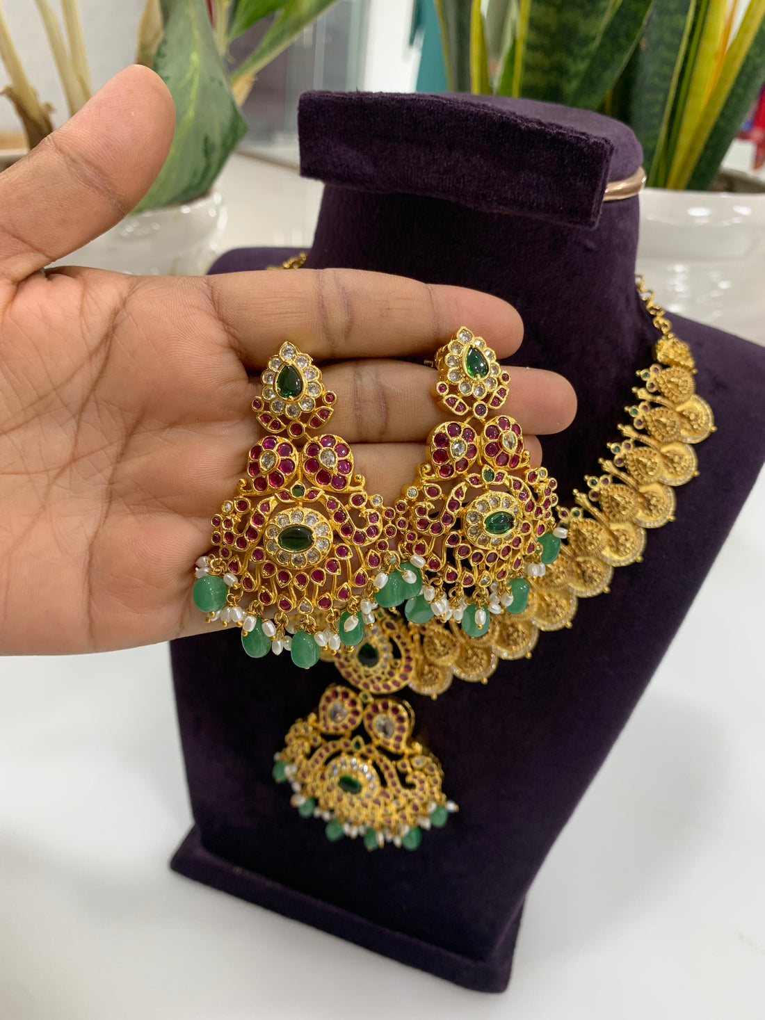 Beautiful pota stone ,Lakshmi devi kasula necklace with screwback earrings