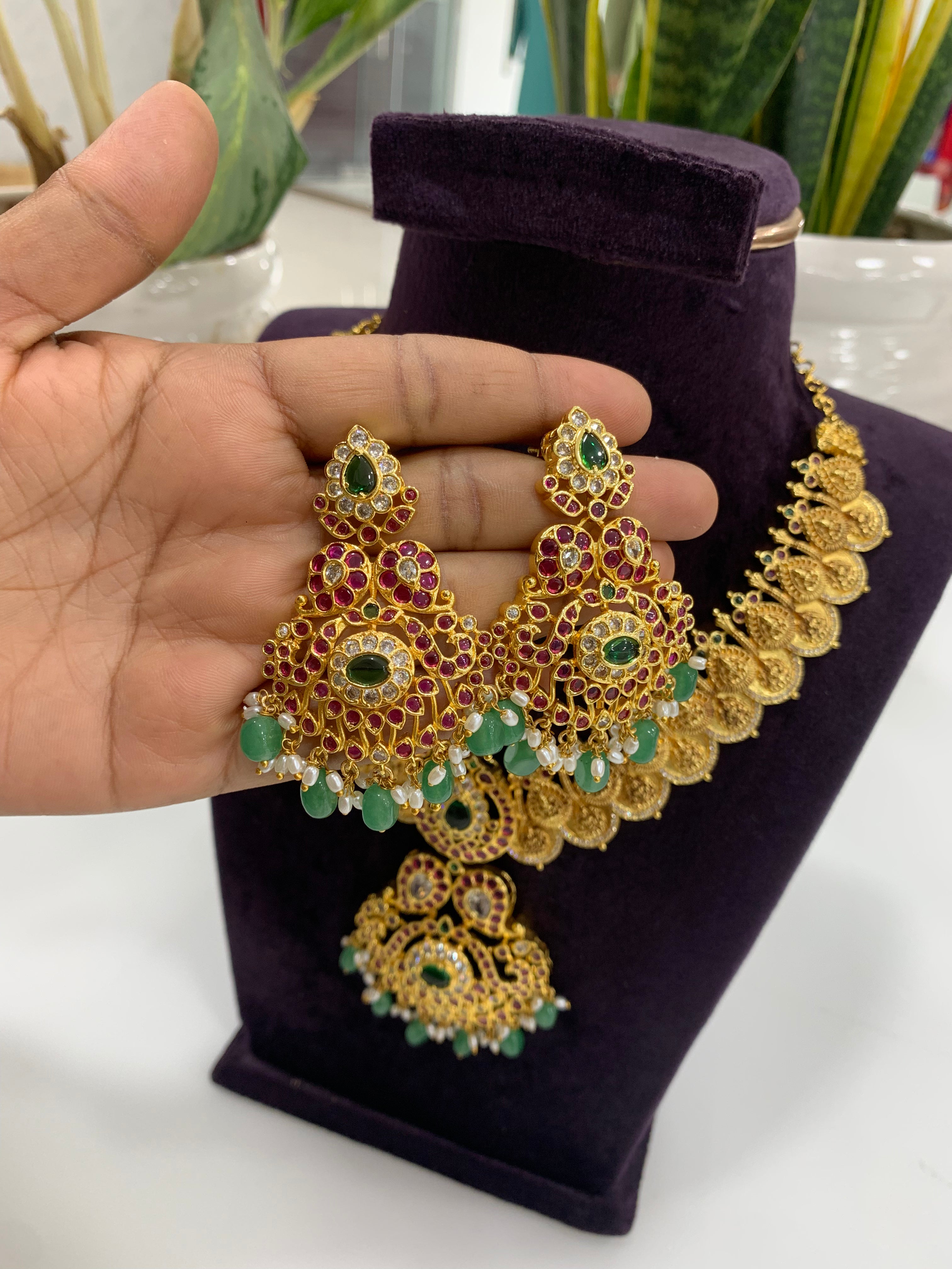 Beautiful pota stone ,Lakshmi devi kasula necklace with screwback earrings