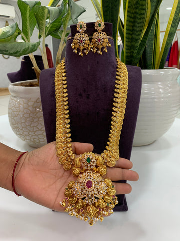 Beautiful white stone and peacock design kasula haram with screwback earrings