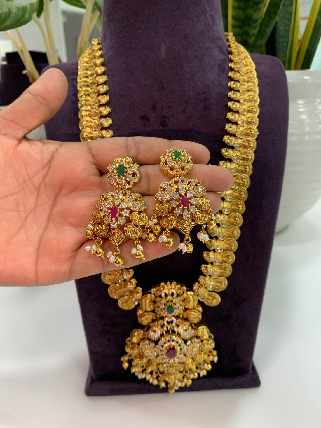 Beautiful white stone and peacock design kasula haram with screwback earrings
