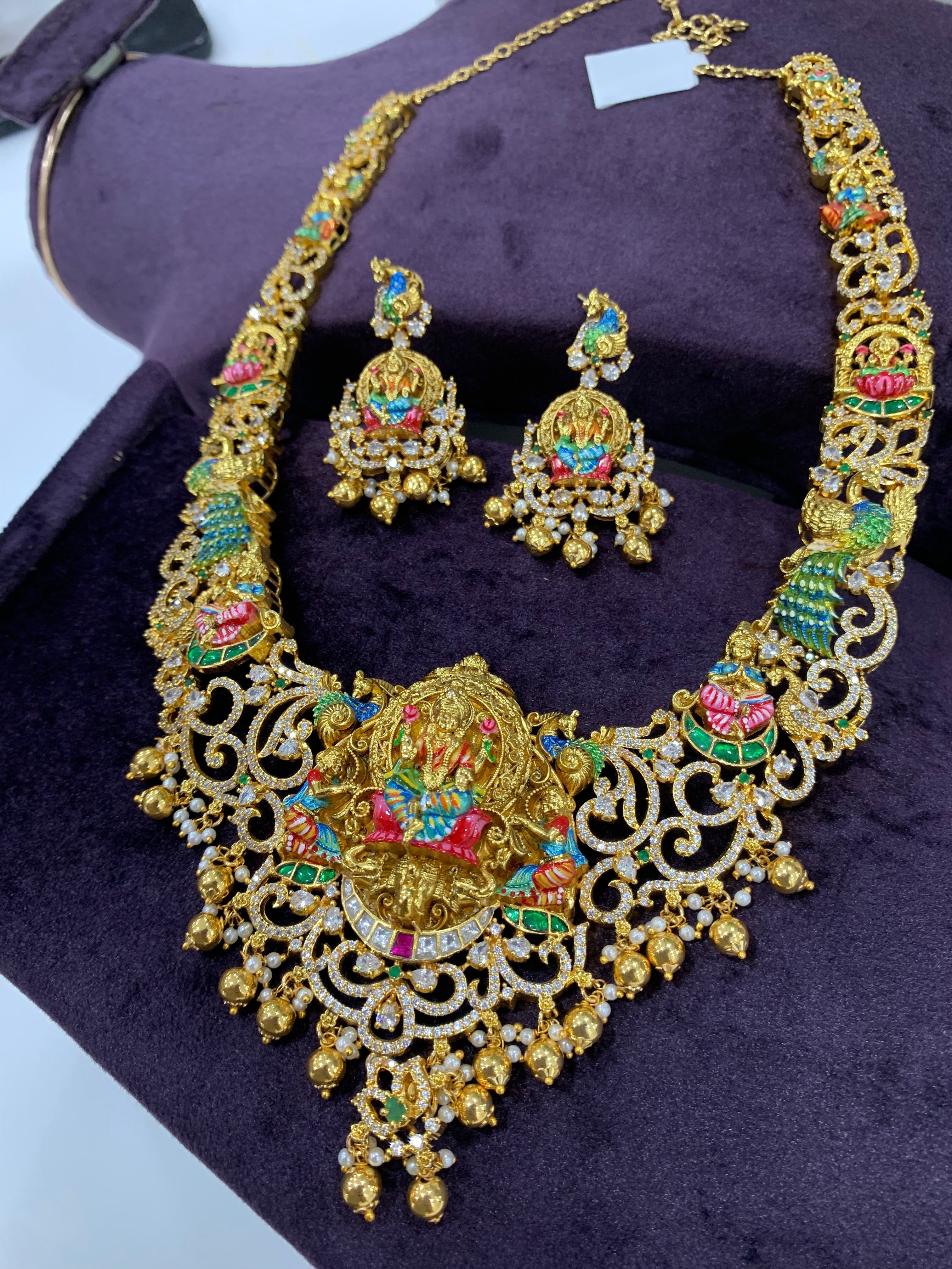 Beautiful Lakshmi devi long haram with pushback earrings