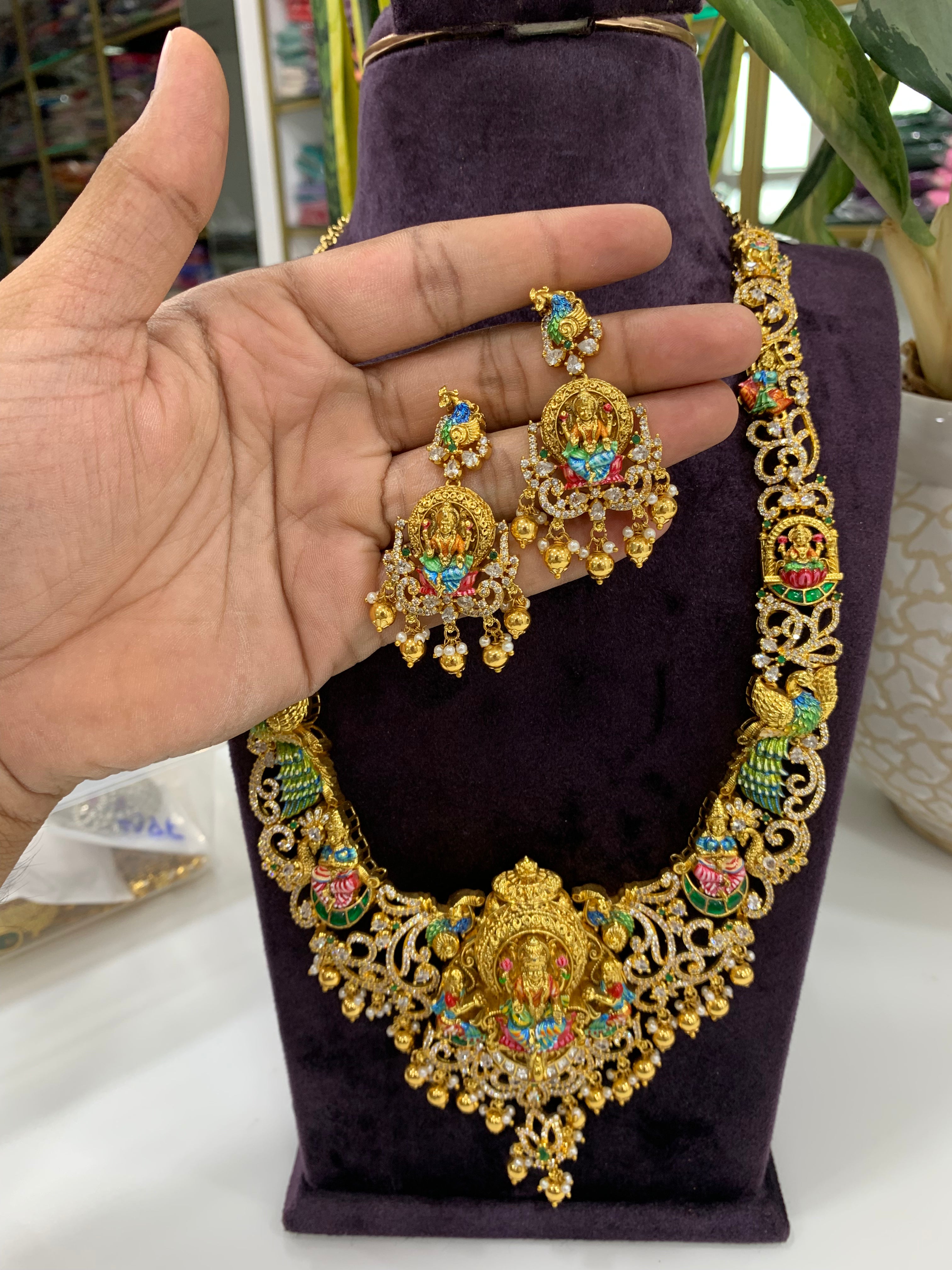 Beautiful Lakshmi devi long haram with pushback earrings