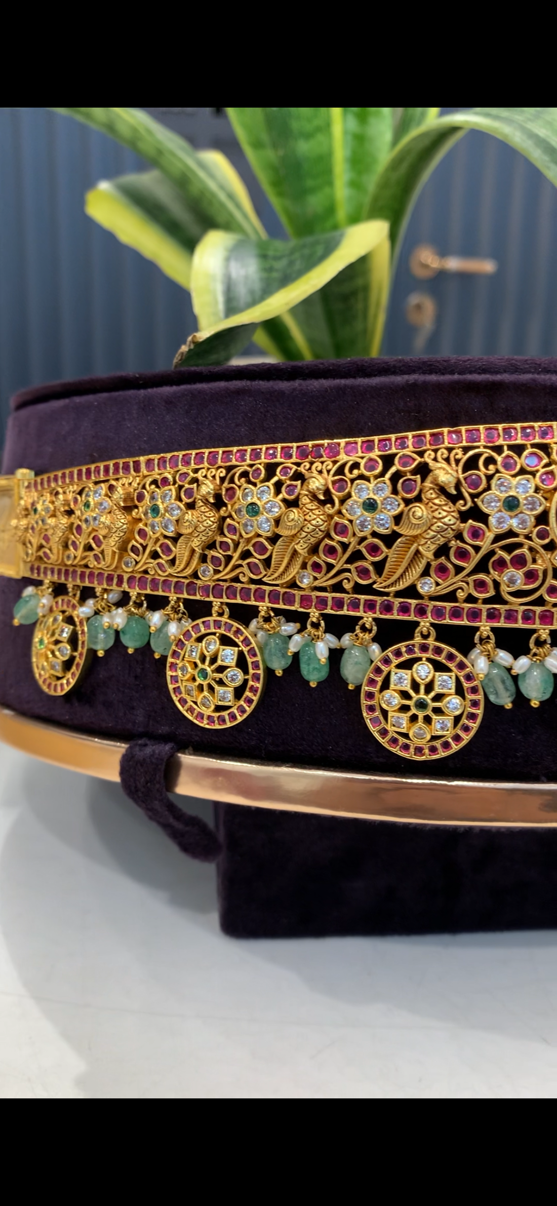 Beautiful pota stone Lakshmi devi adult vaddanam with aqua beads