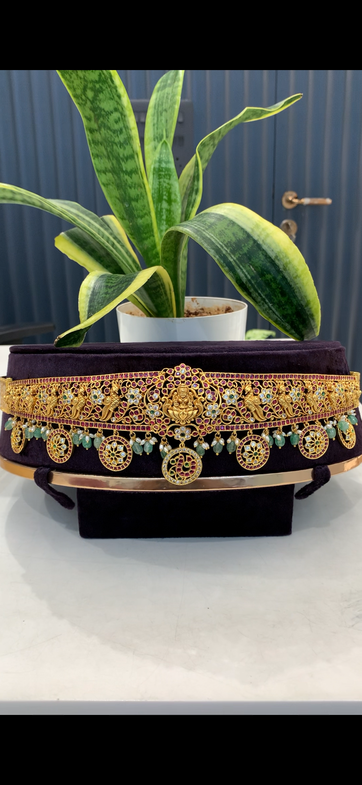 Beautiful pota stone Lakshmi devi adult vaddanam with aqua beads