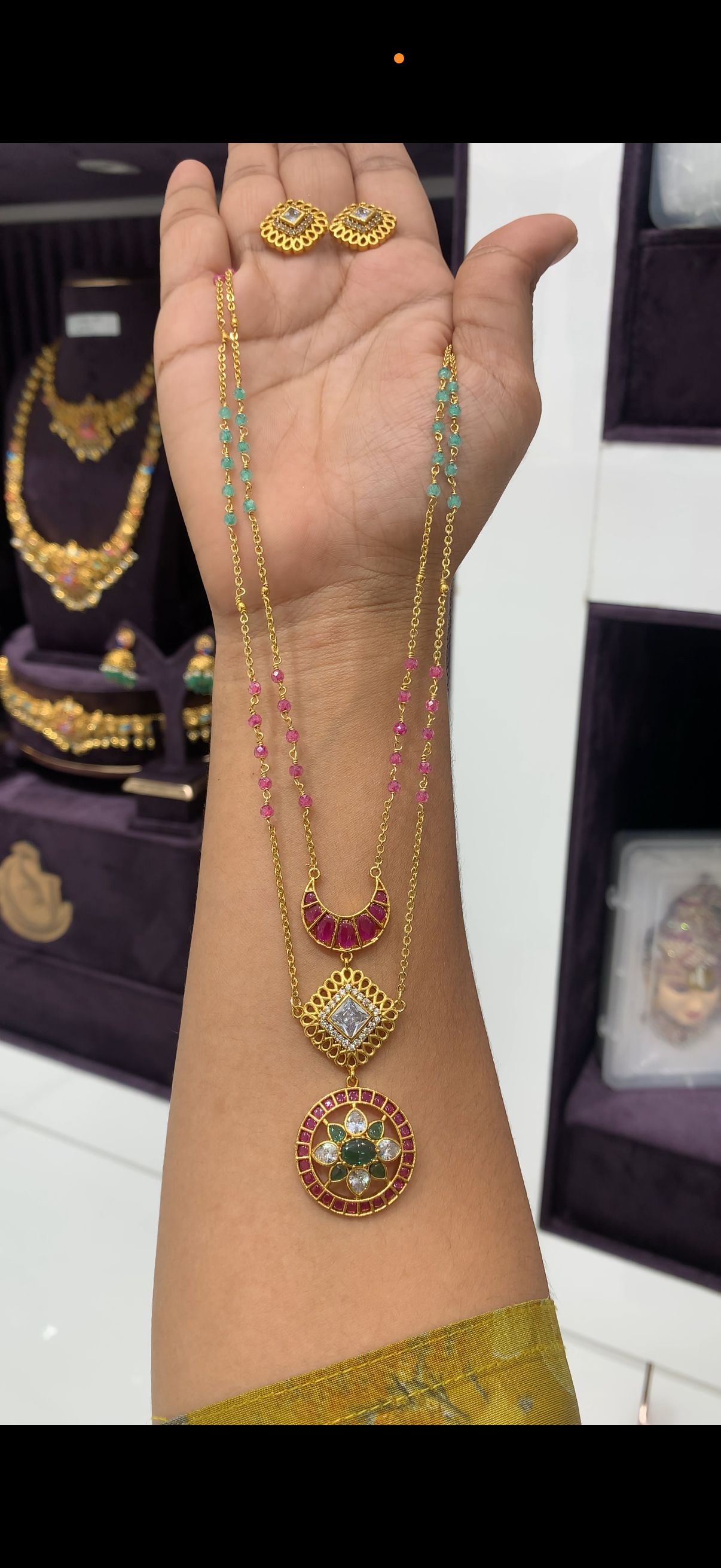 Beautiful pota stone sun & moon pendant handmaking Chandraharam chain 20 inchs long  with pushback earrings