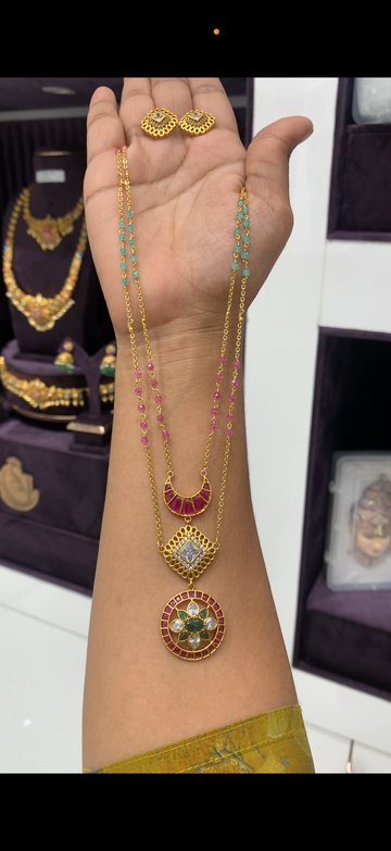 Beautiful pota stone sun & moon pendant handmaking Chandraharam chain 20 inchs long  with pushback earrings