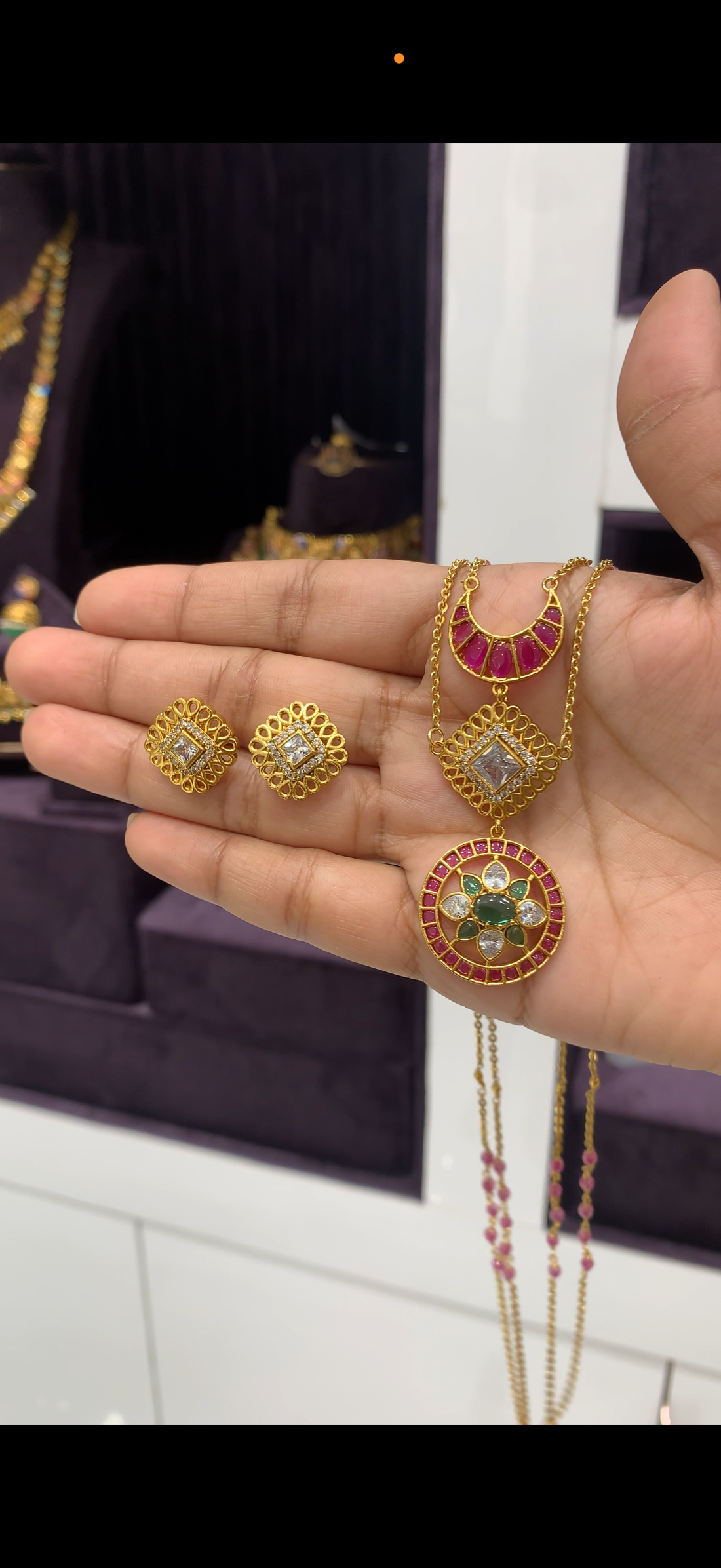 Beautiful pota stone sun & moon pendant handmaking Chandraharam chain 20 inchs long  with pushback earrings