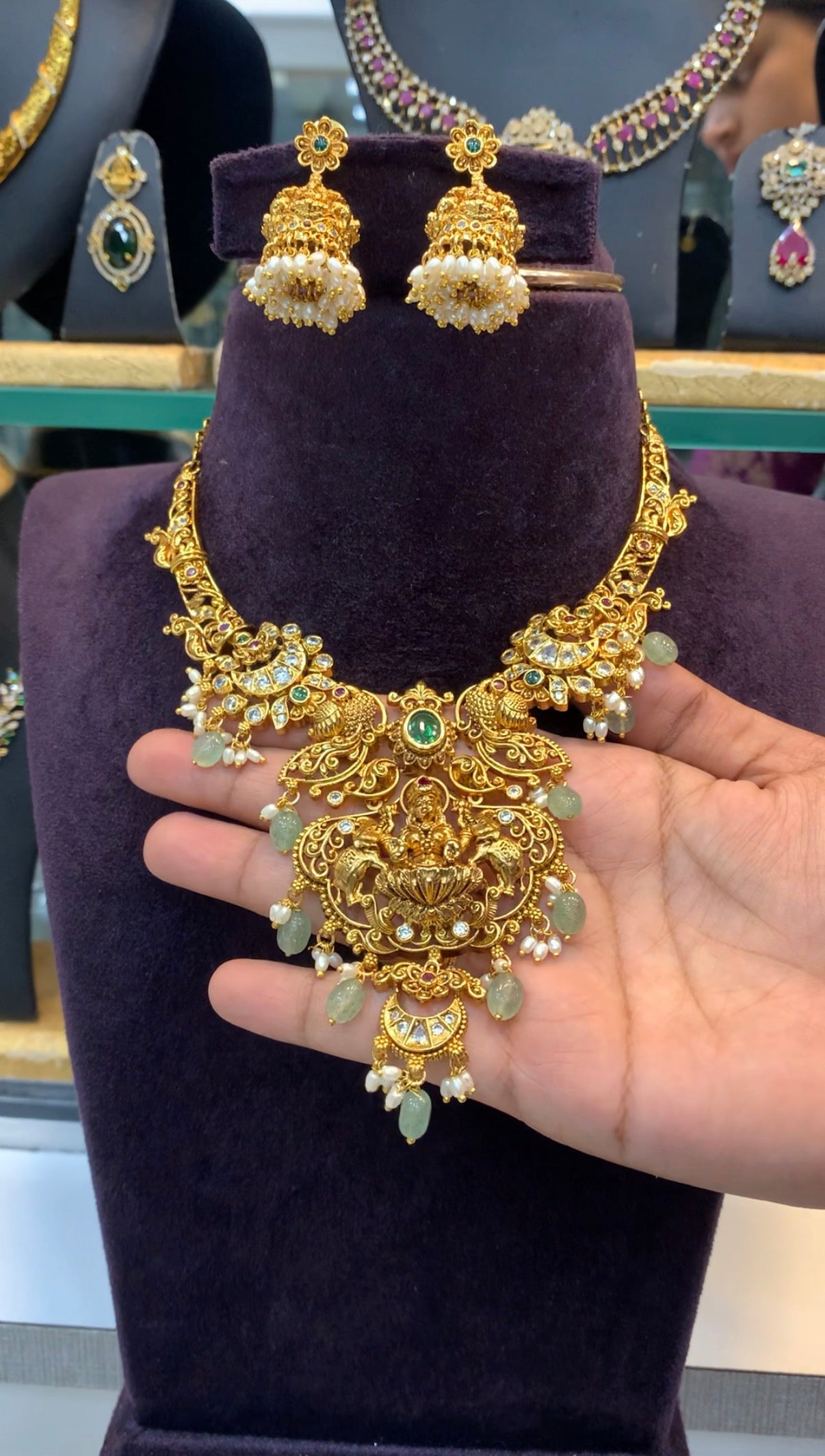 Beautiful peacock & Lakshmi devi necklace set with pushback jumkis