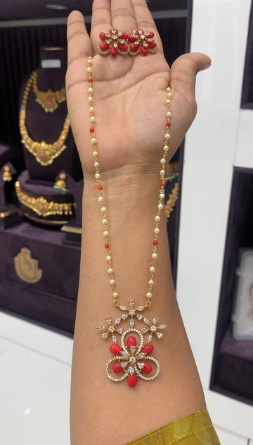 Beautiful Pagadam pendant set with handmaking white pearls mala 18 inchs long