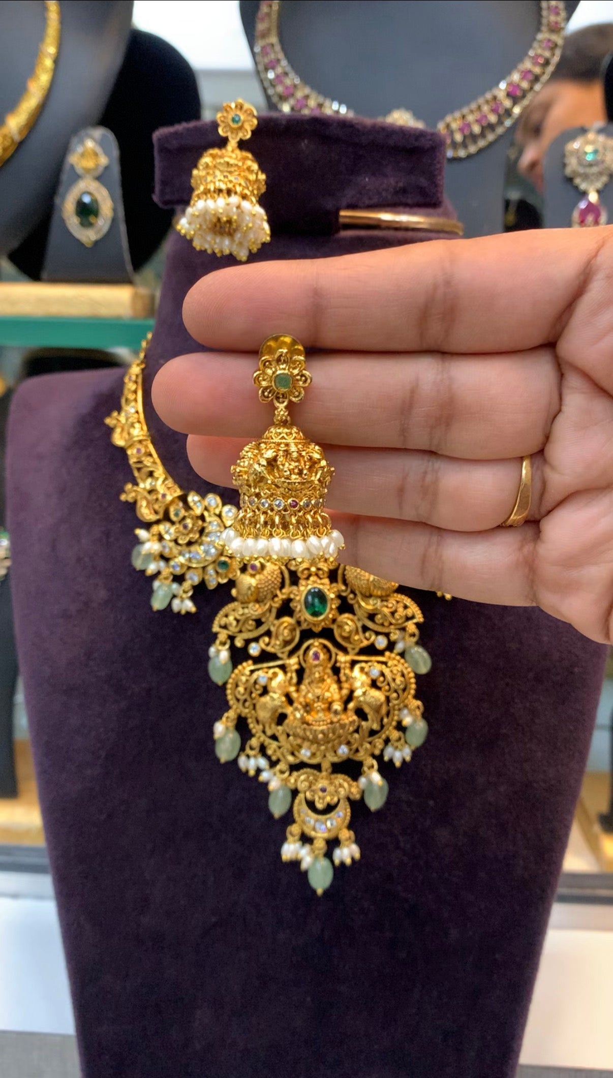 Beautiful peacock & Lakshmi devi necklace set with pushback jumkis