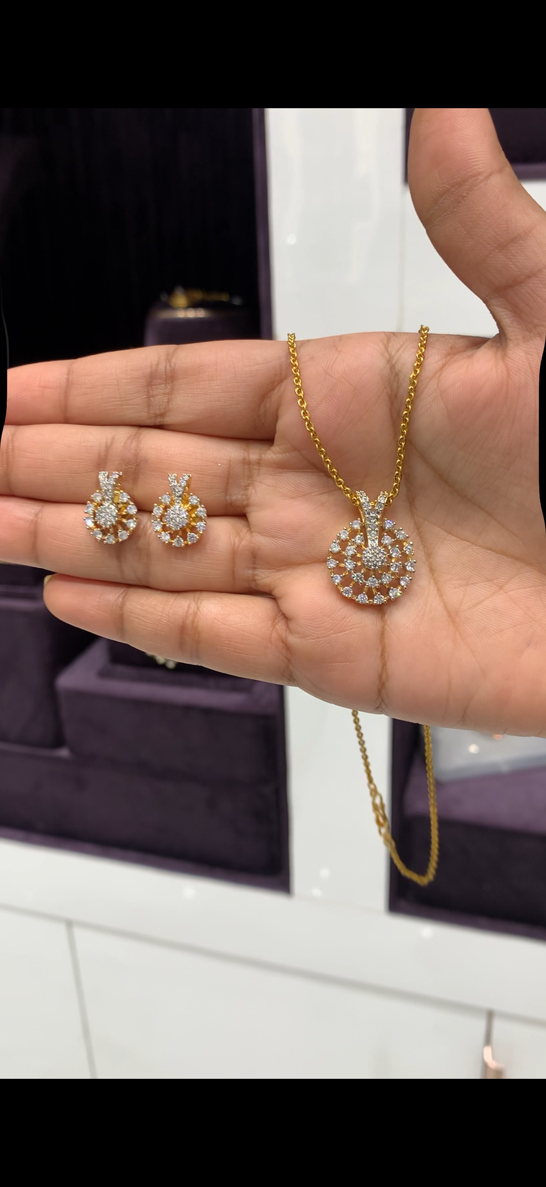 Beautiful white stone pendant set with Chandraharam chain 18 inchs long