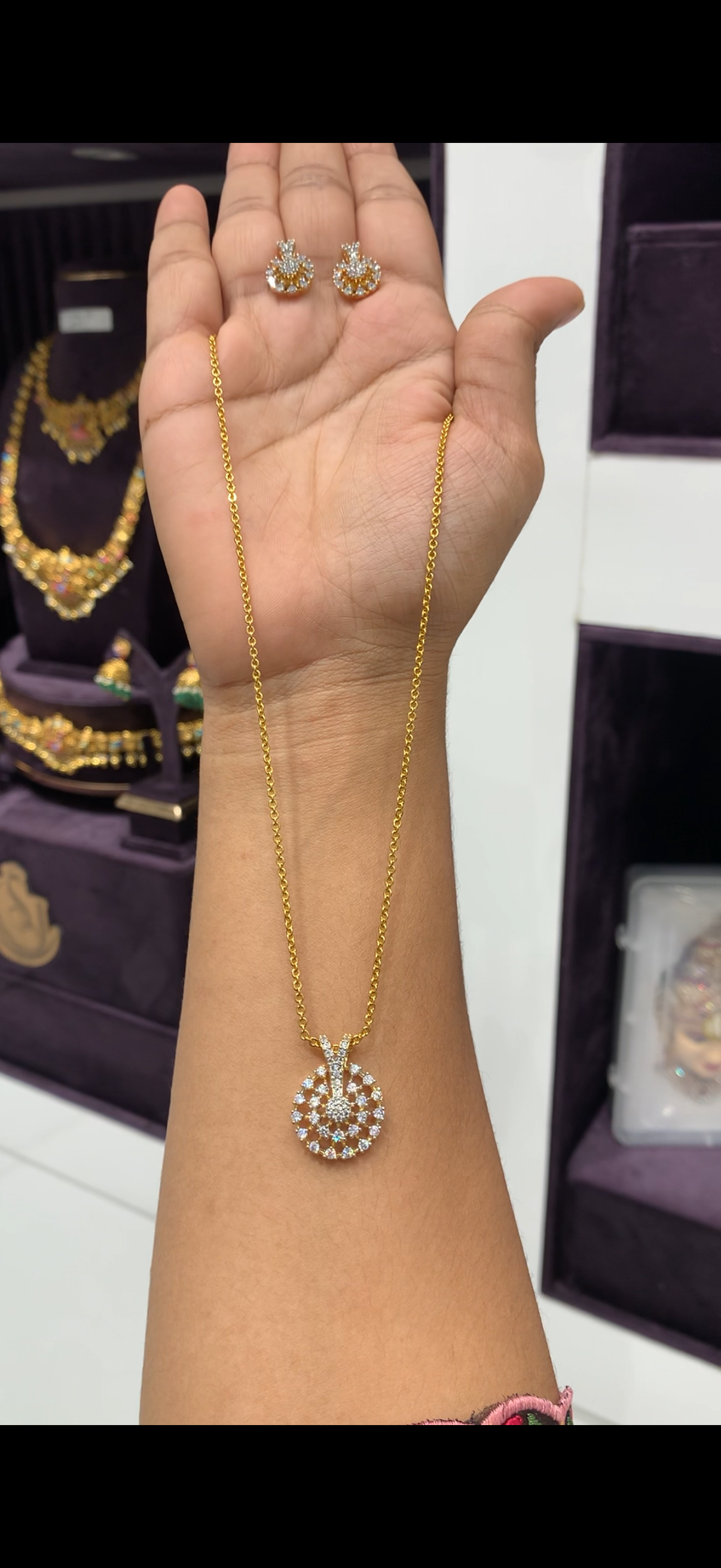 Beautiful white stone pendant set with Chandraharam chain 18 inchs long