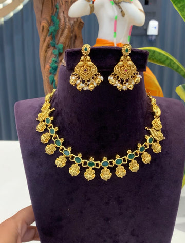 Beautiful green stone Lakshmi necklace set with pushback back earrings