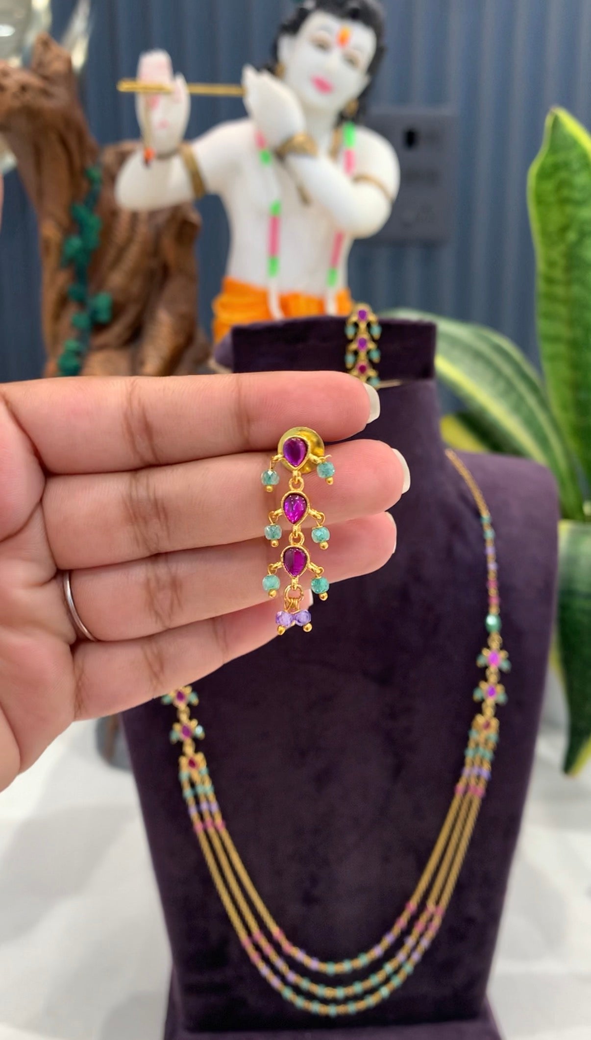 Beautiful handmaking beads & Chandraharam 3 layers chain with pushback earrings