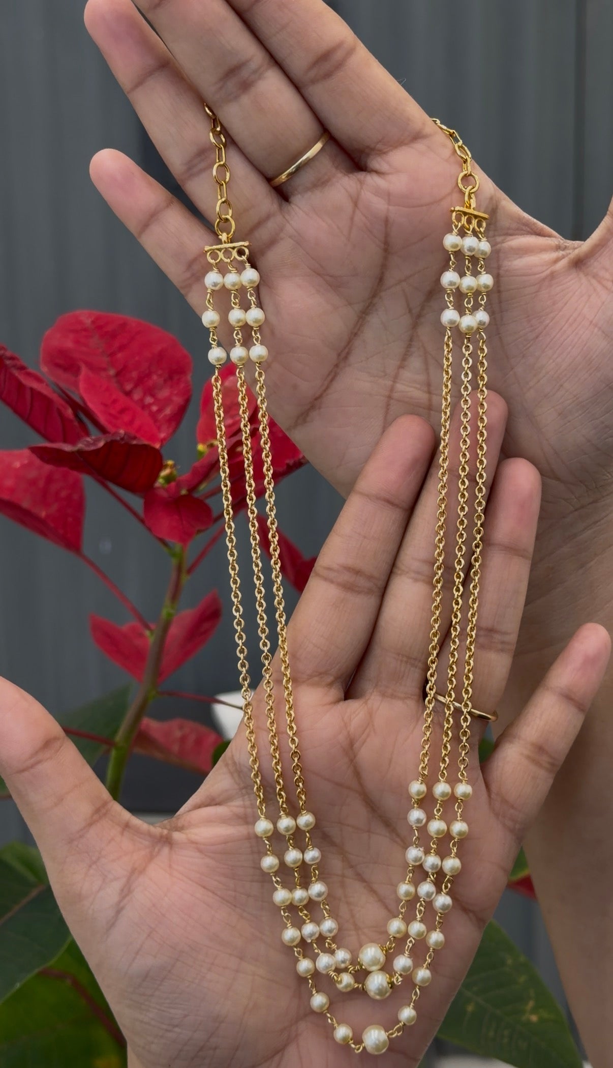 Beautiful handmaking pearls & Chandraharam 3 layers chain 24inchs  long