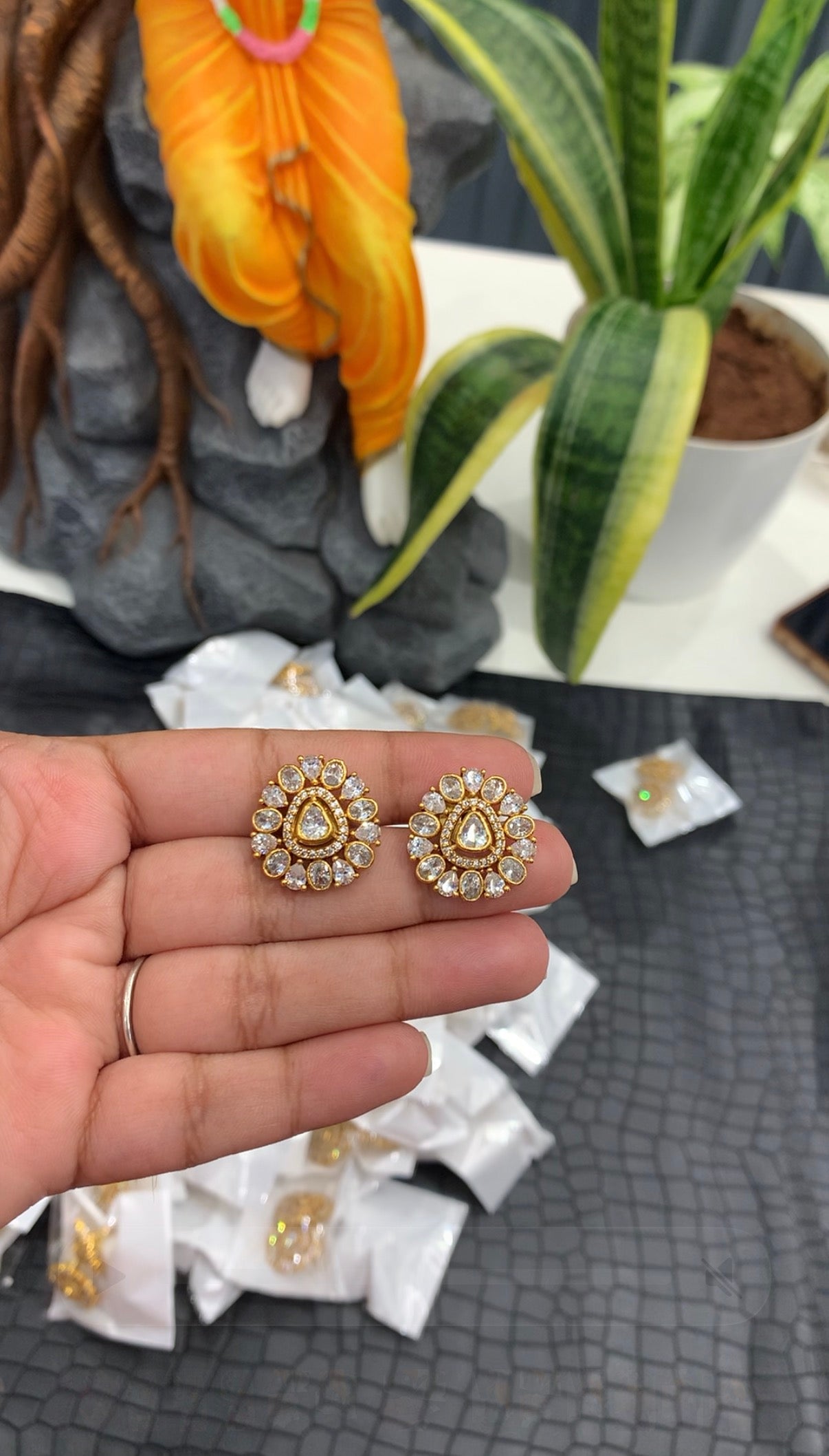Beautiful uncut stone studs with pushback