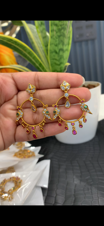 Beautiful parrot design pota stone Chandbali earrings with pushback