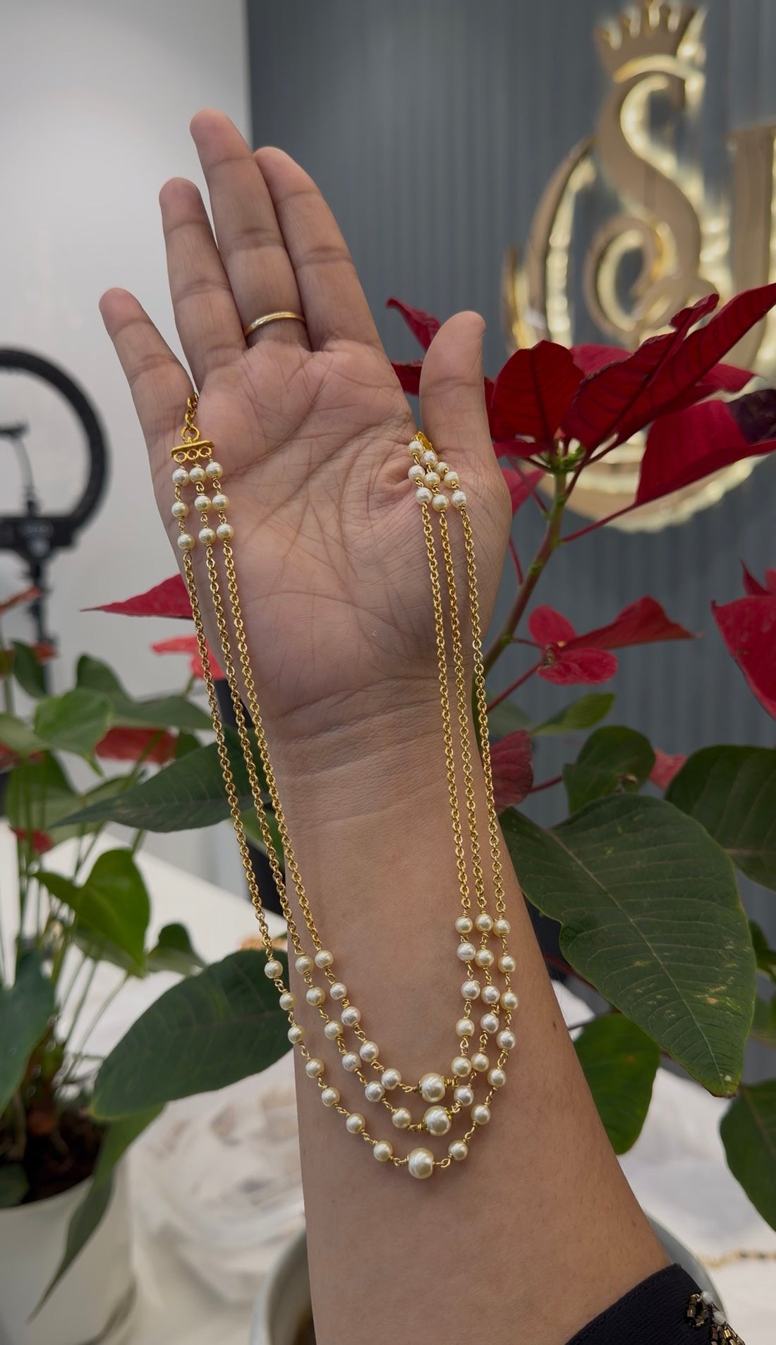 Beautiful handmaking pearls & Chandraharam 3 layers chain 24inchs  long