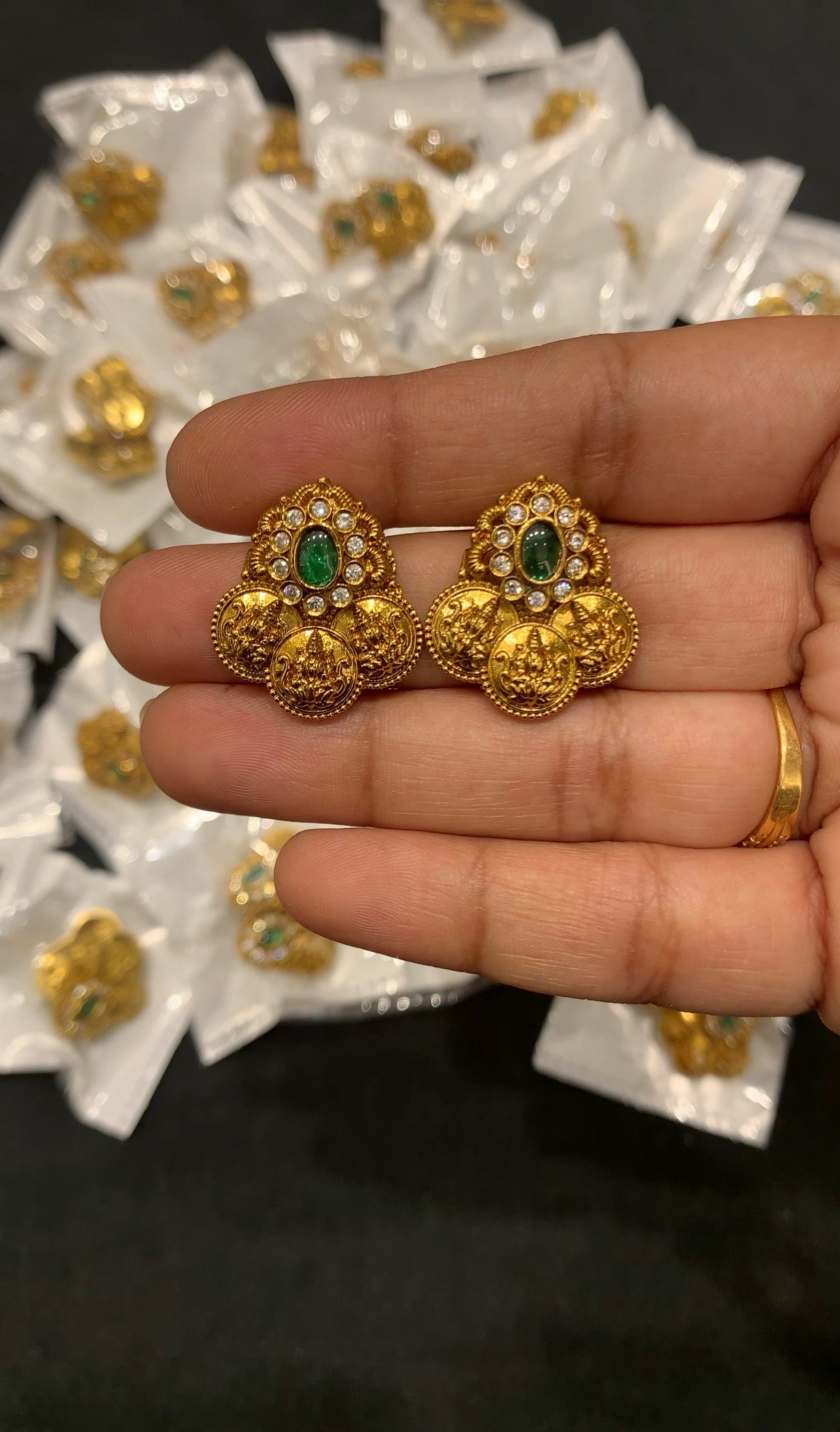 Beautiful green stone kasula studs with pushback