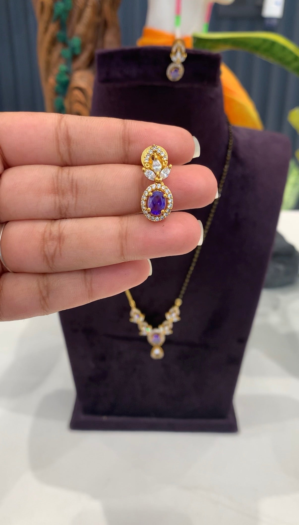 Beautiful purple stone pendant set with handmaking Blackbeads & Chandraharam chain 18 inchs long