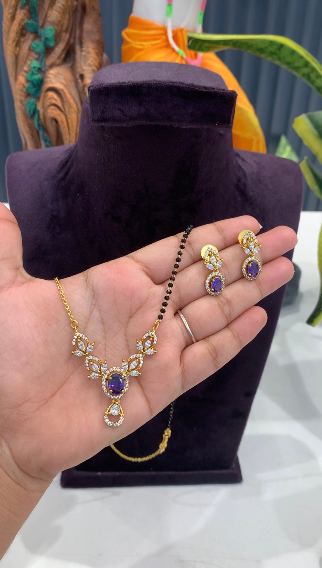 Beautiful purple stone pendant set with handmaking Blackbeads & Chandraharam chain 18 inchs long