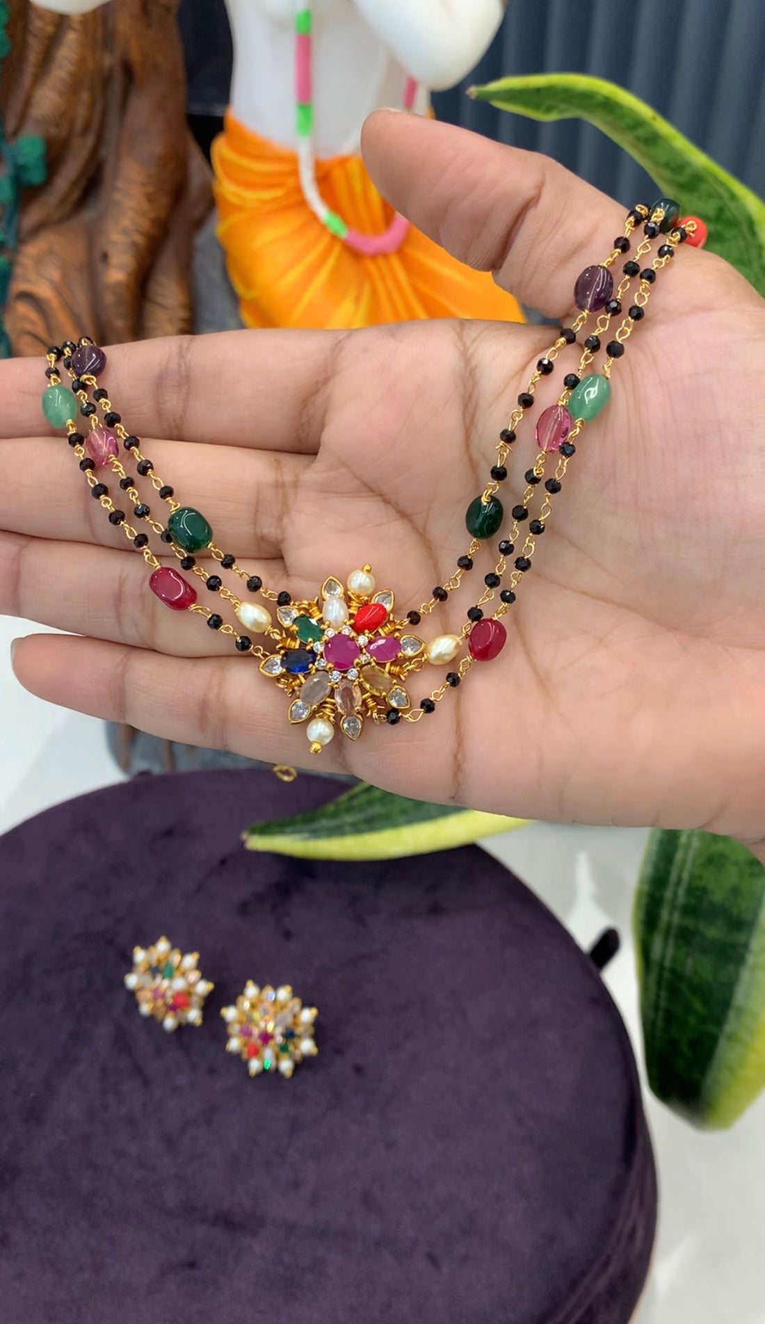 Beautiful Navarathna Blackbeads chockar with pushback earrings