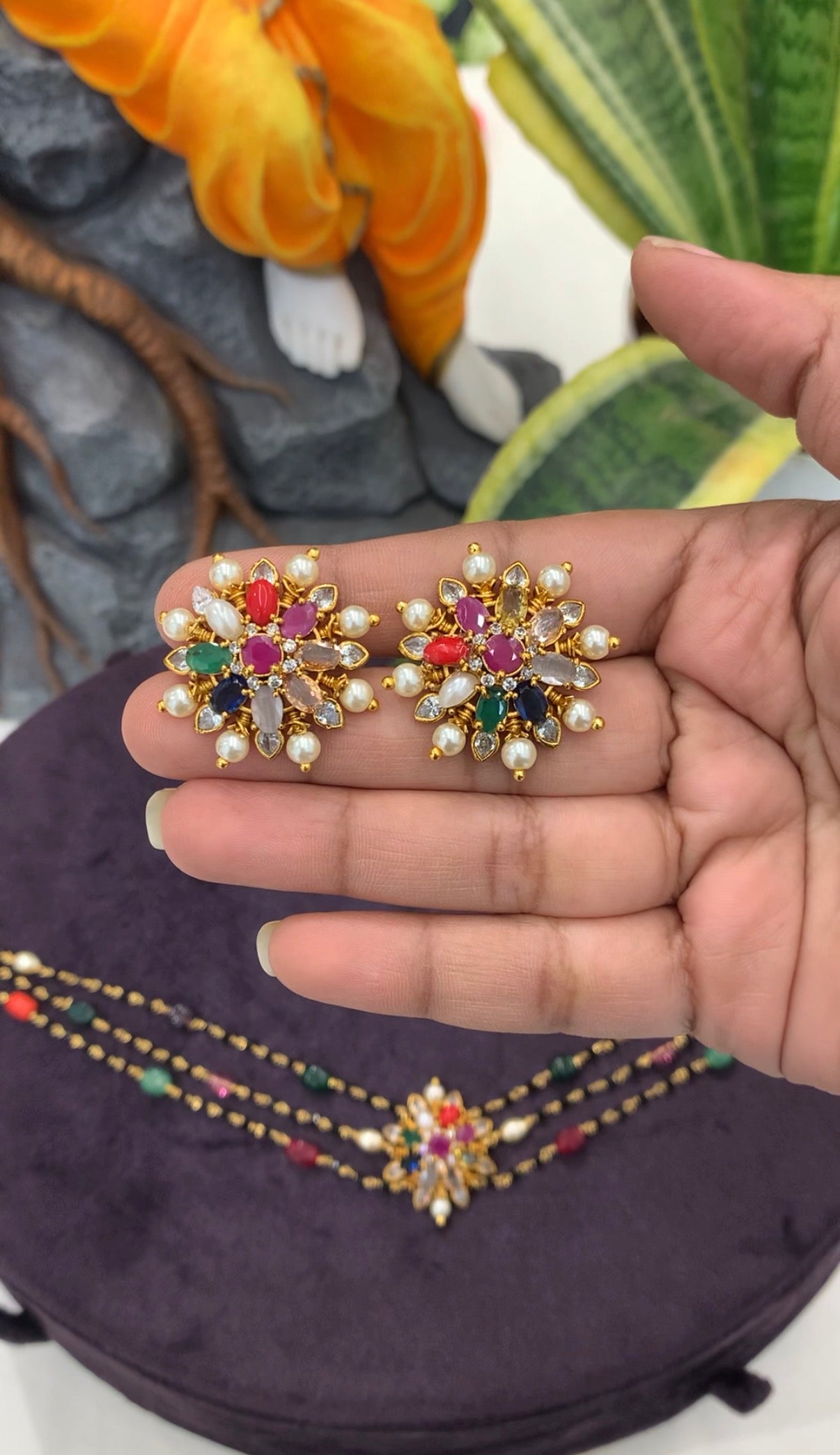 Beautiful Navarathna Blackbeads chockar with pushback earrings
