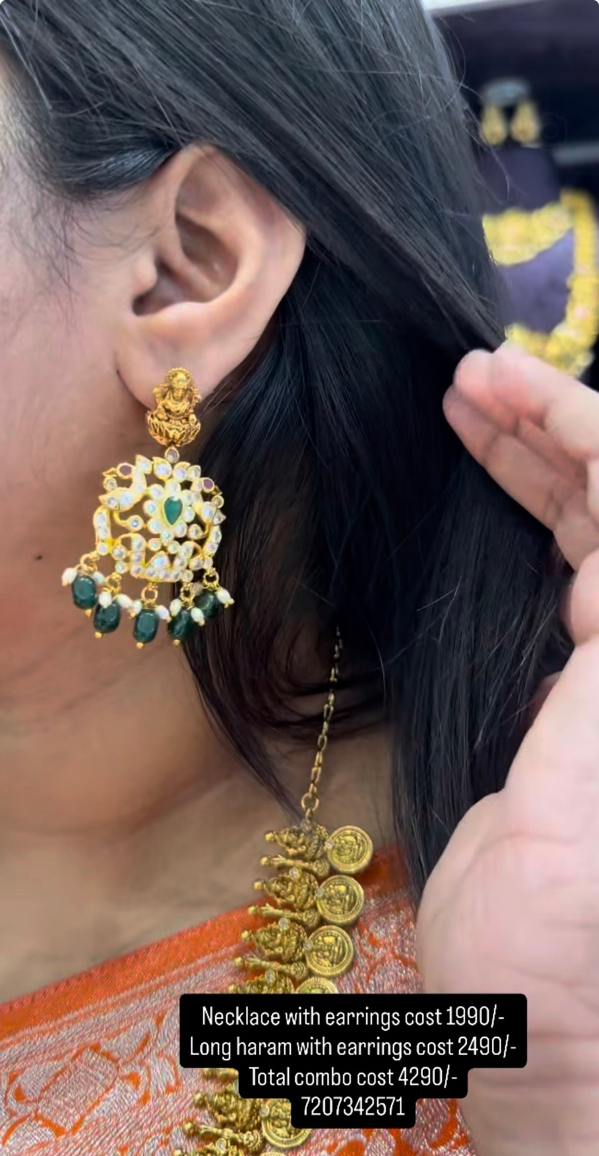 Beautiful white stones kasula model long haram with pushback earrings