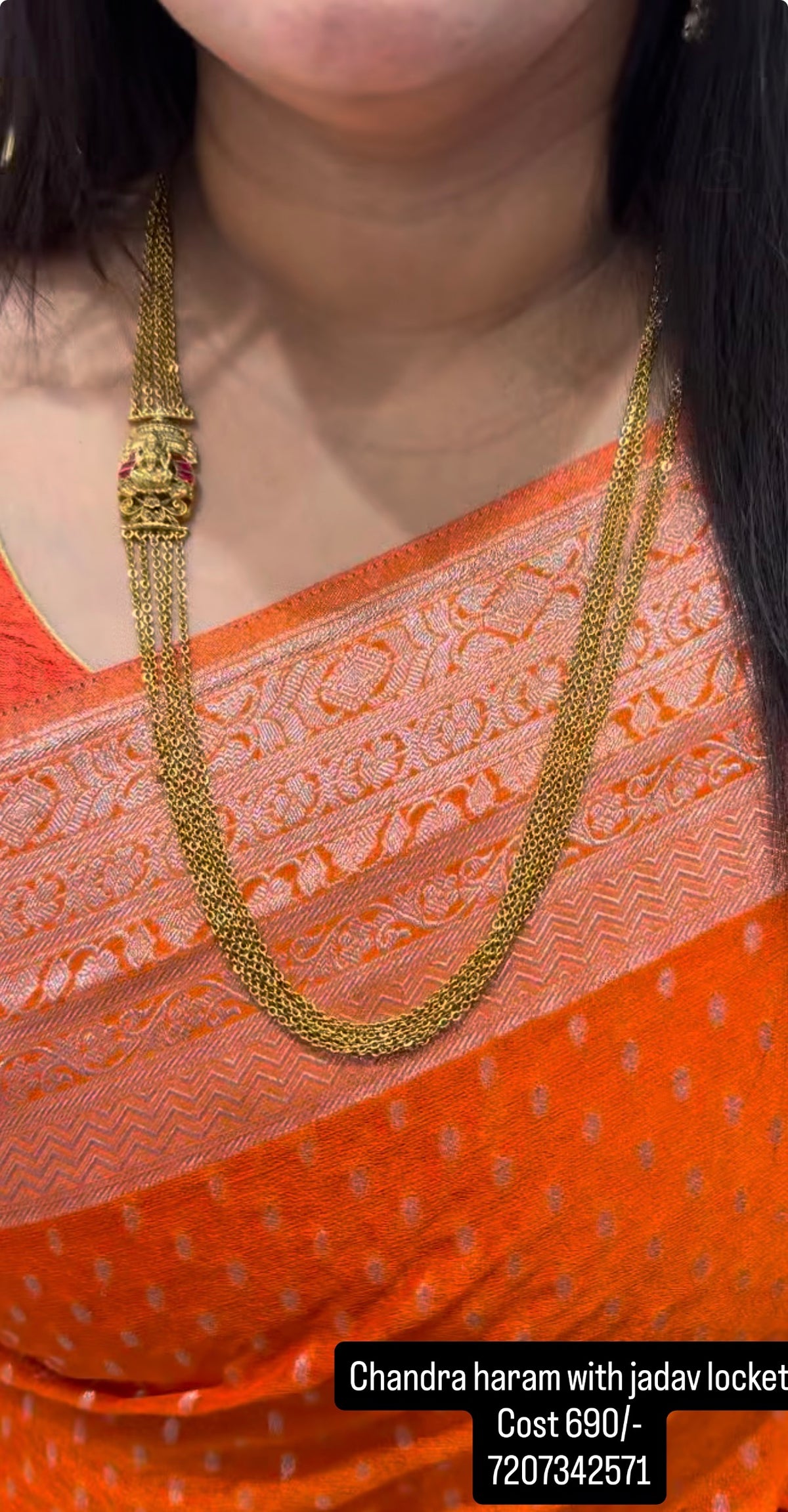 Beautiful jadau kundhan Lakshmi devi side locket with chandraharam chain 24 inchs long