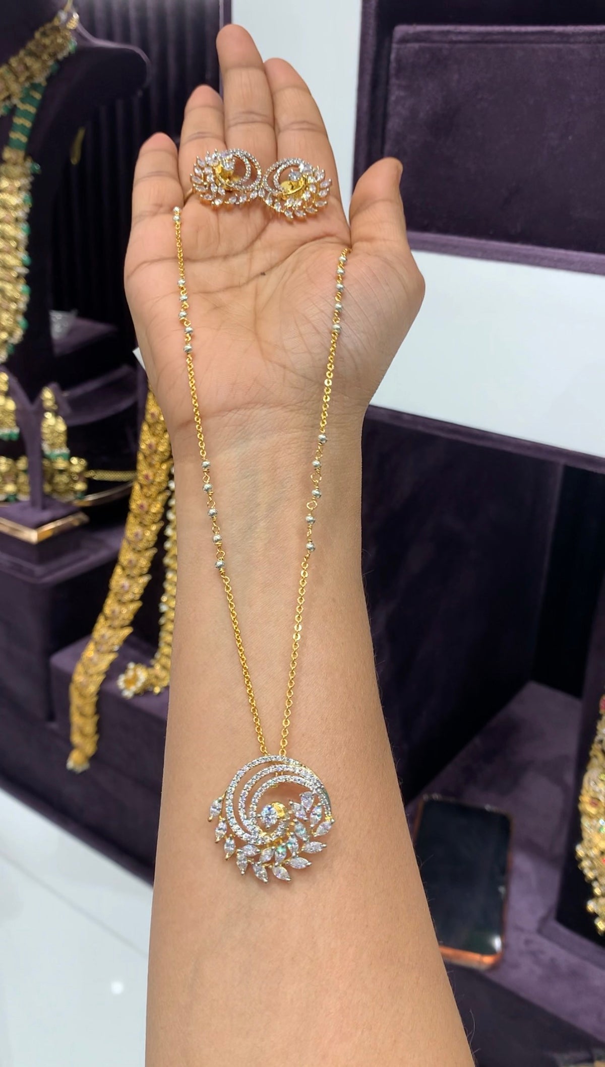 Beautiful white stone pendant set Chandraharam chain 18 inchs long