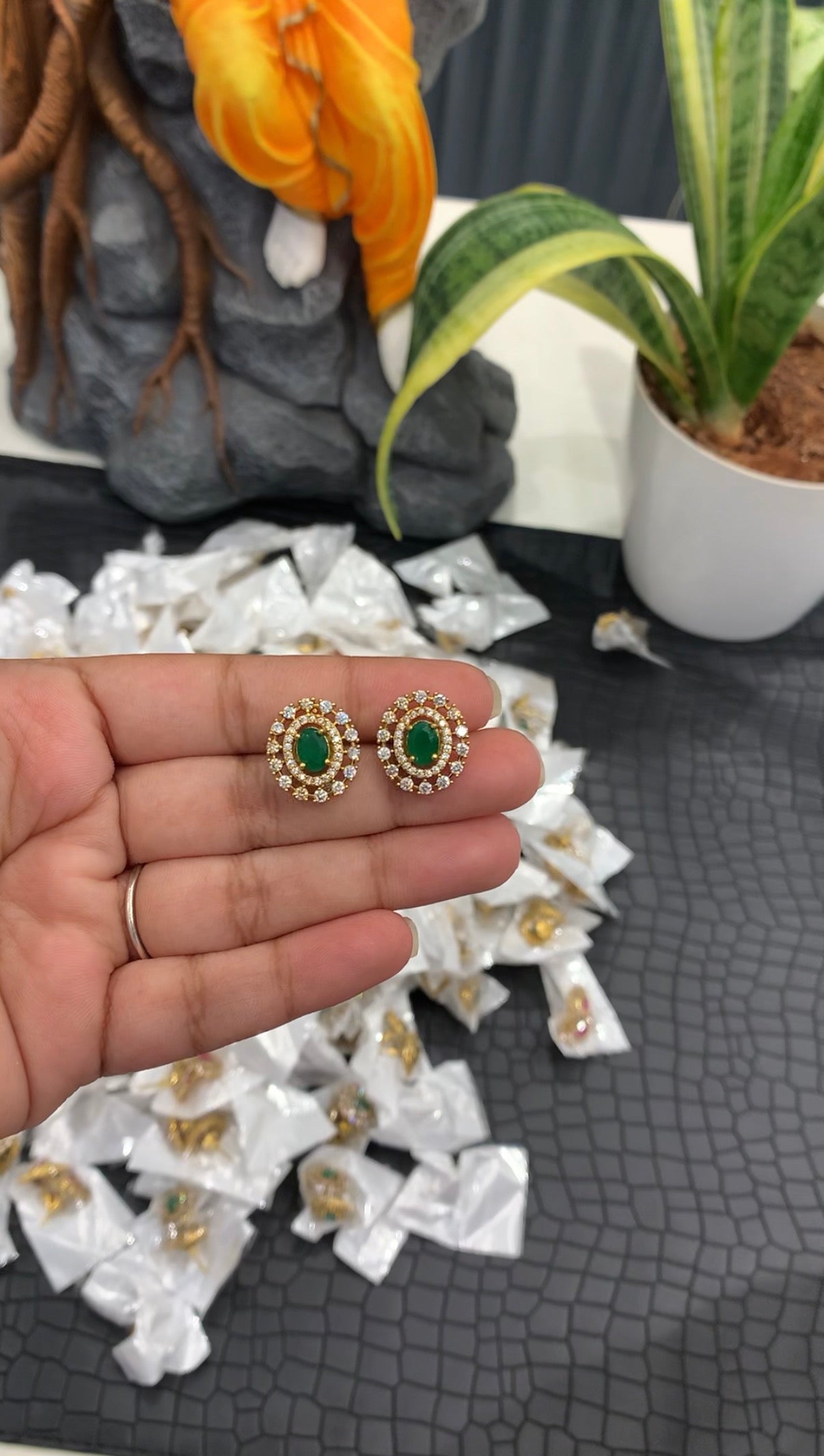 Beautiful green stone studs with pushback