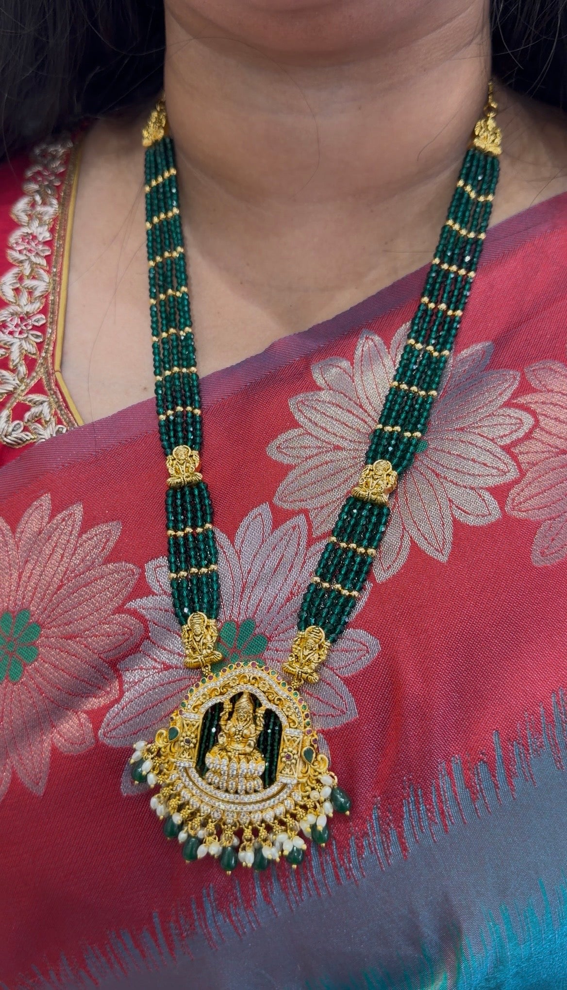 Beautiful Lakshmi devi idol green beads long haram 24 inch long