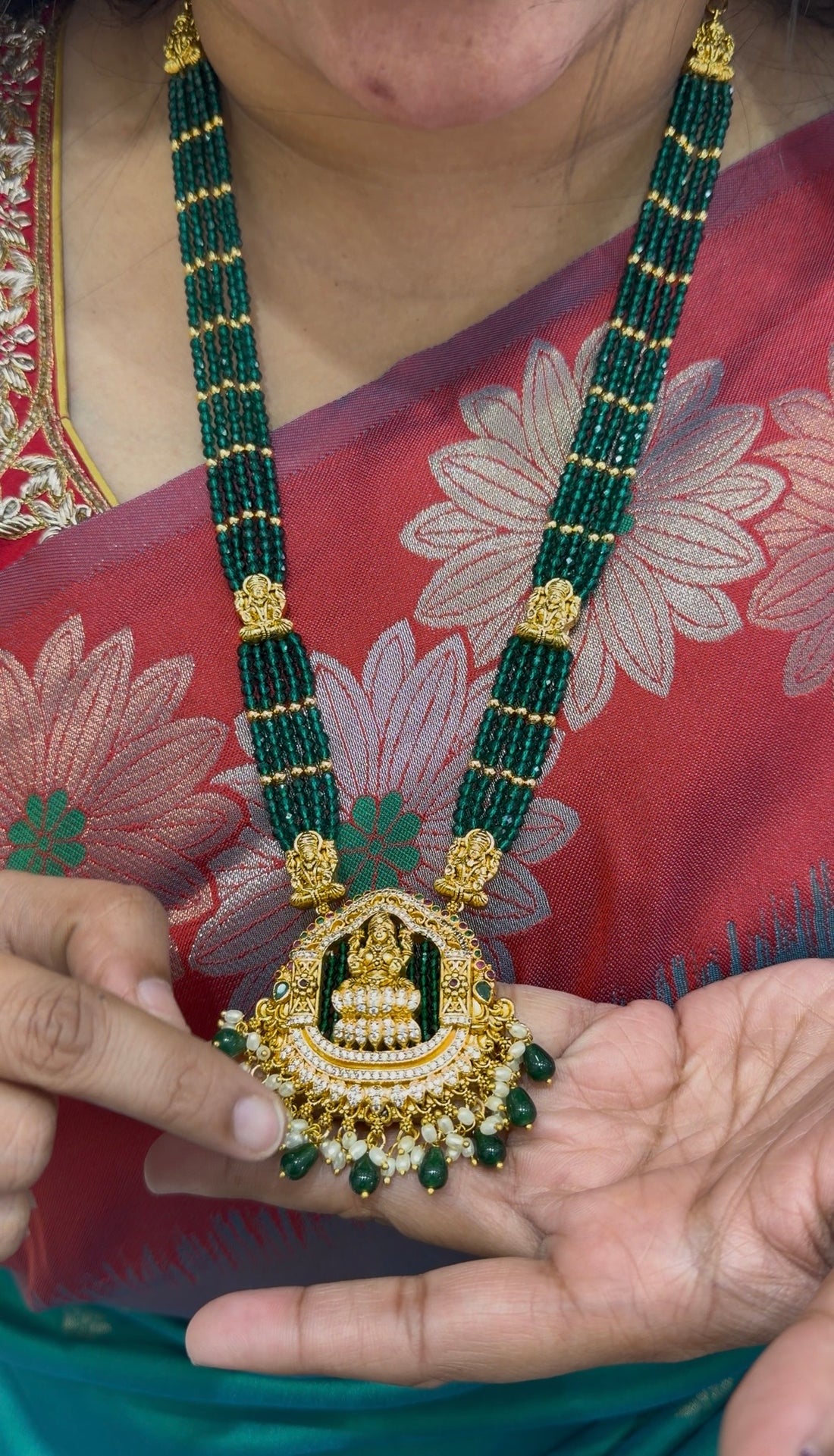 Beautiful Lakshmi devi idol green beads long haram 24 inch long