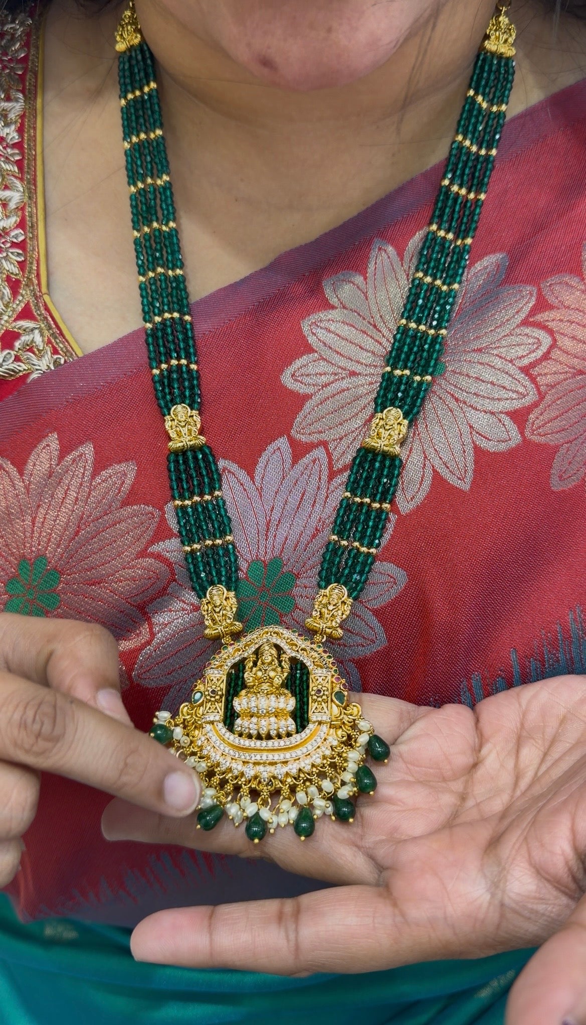 Beautiful Lakshmi devi idol green beads long haram 24 inch long