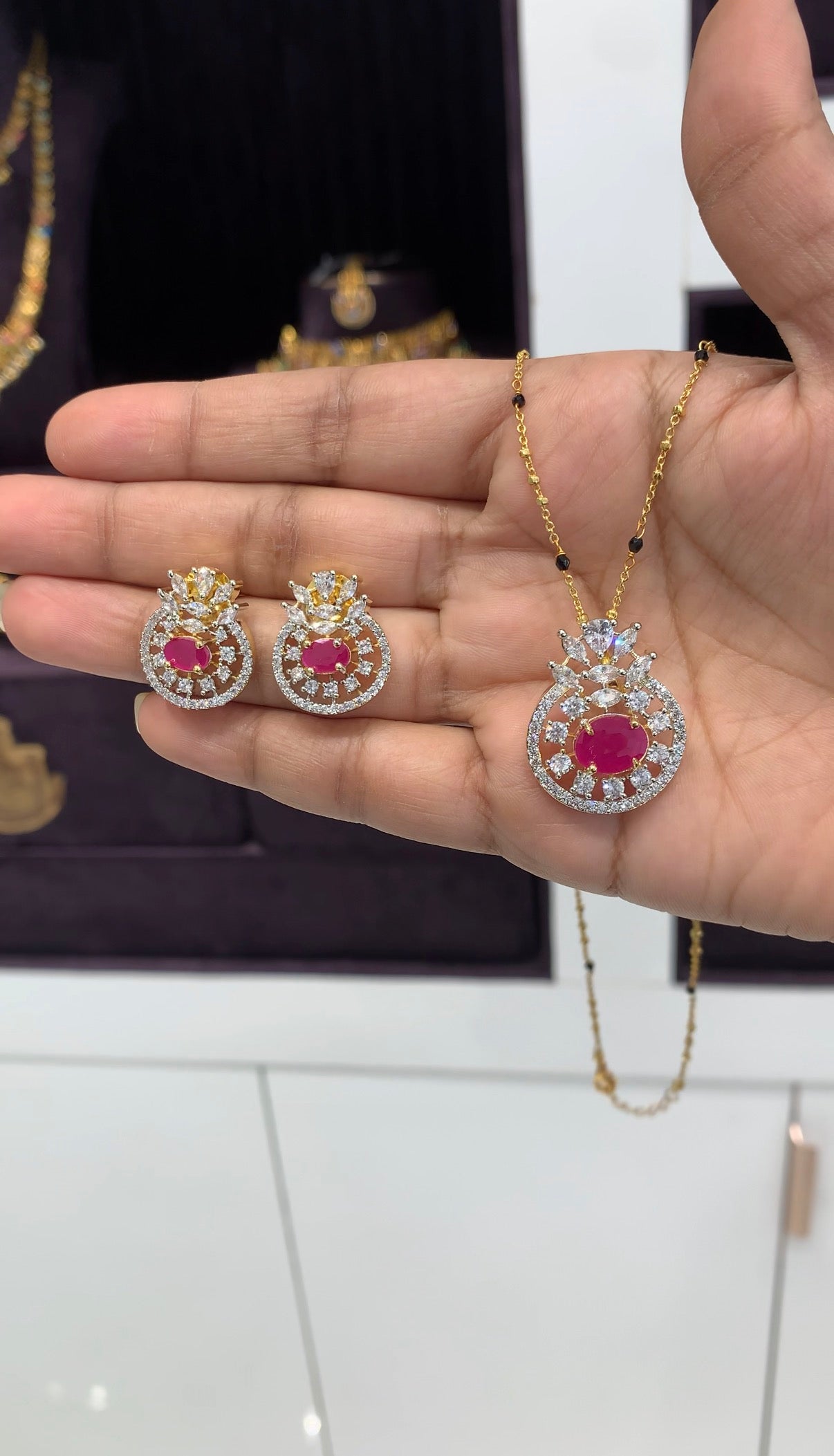 Beautiful ruby stone pendant set with Blackbeads Chandraharam chain 18 inchs long