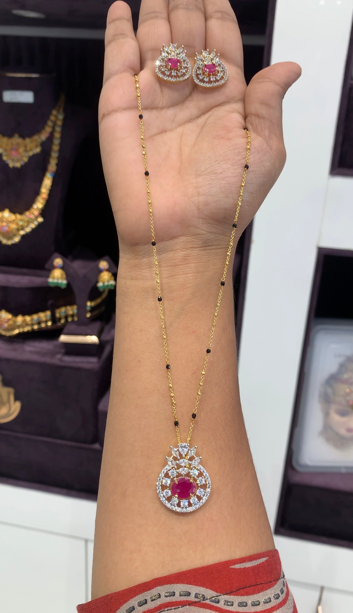 Beautiful ruby stone pendant set with Blackbeads Chandraharam chain 18 inchs long