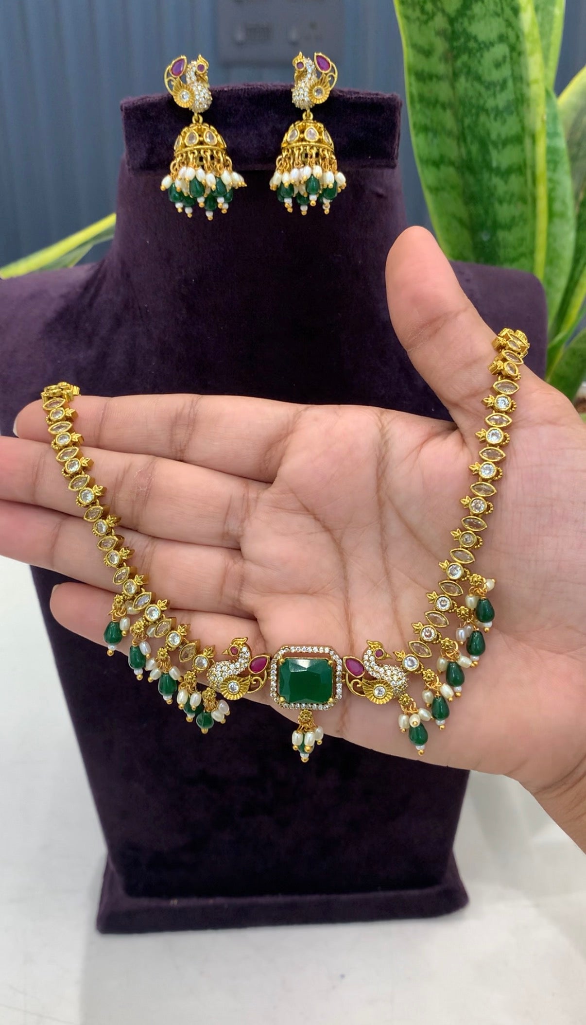 Beautiful peacock design necklace set with pushback earrings
