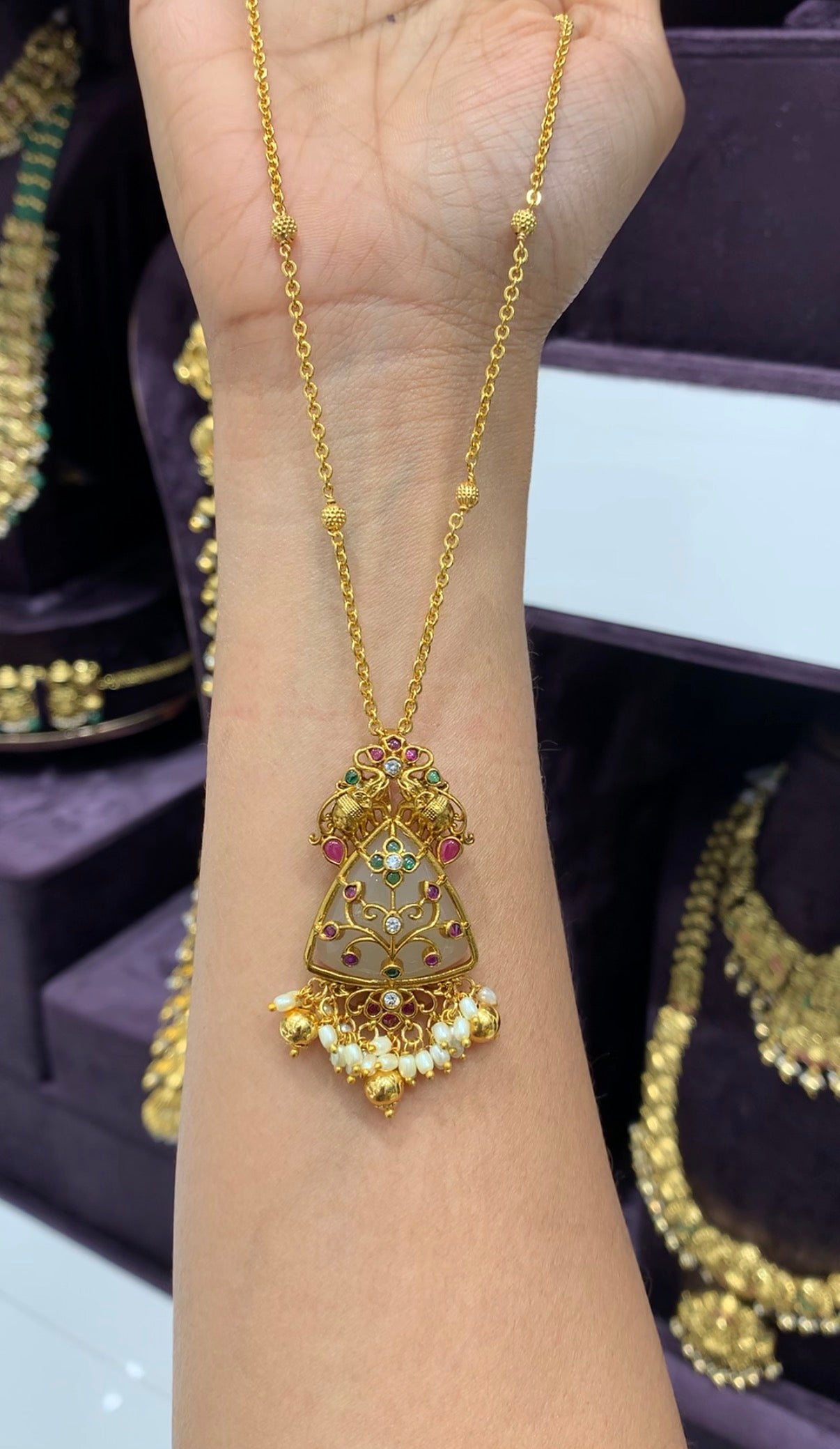 Beautiful Elephant pendant with handmaking Chandraharam & gold balls chain 18 inchs long