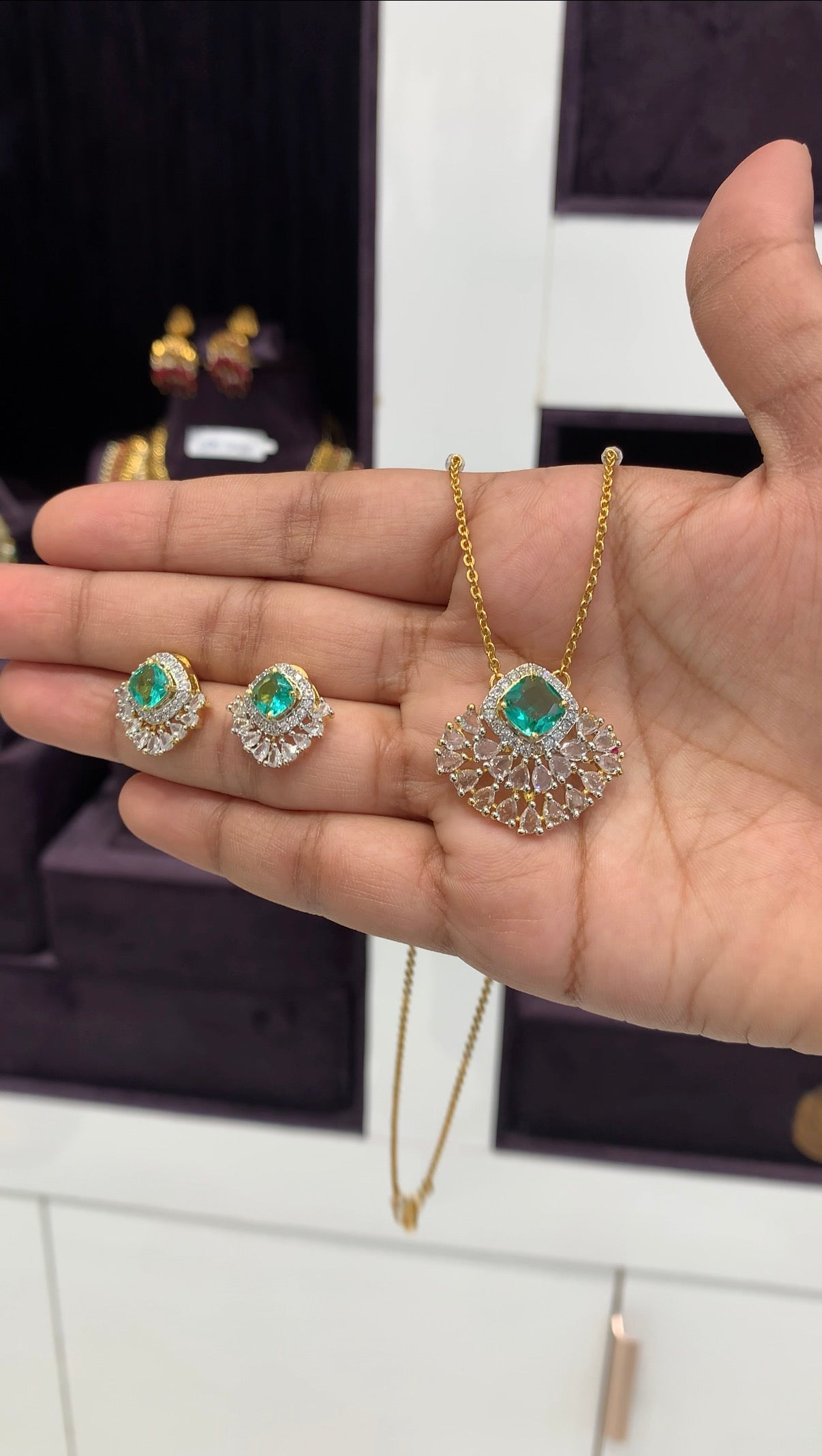 Beautiful white stone pendant set with handmaking Chandraharam chain 18 inchs long