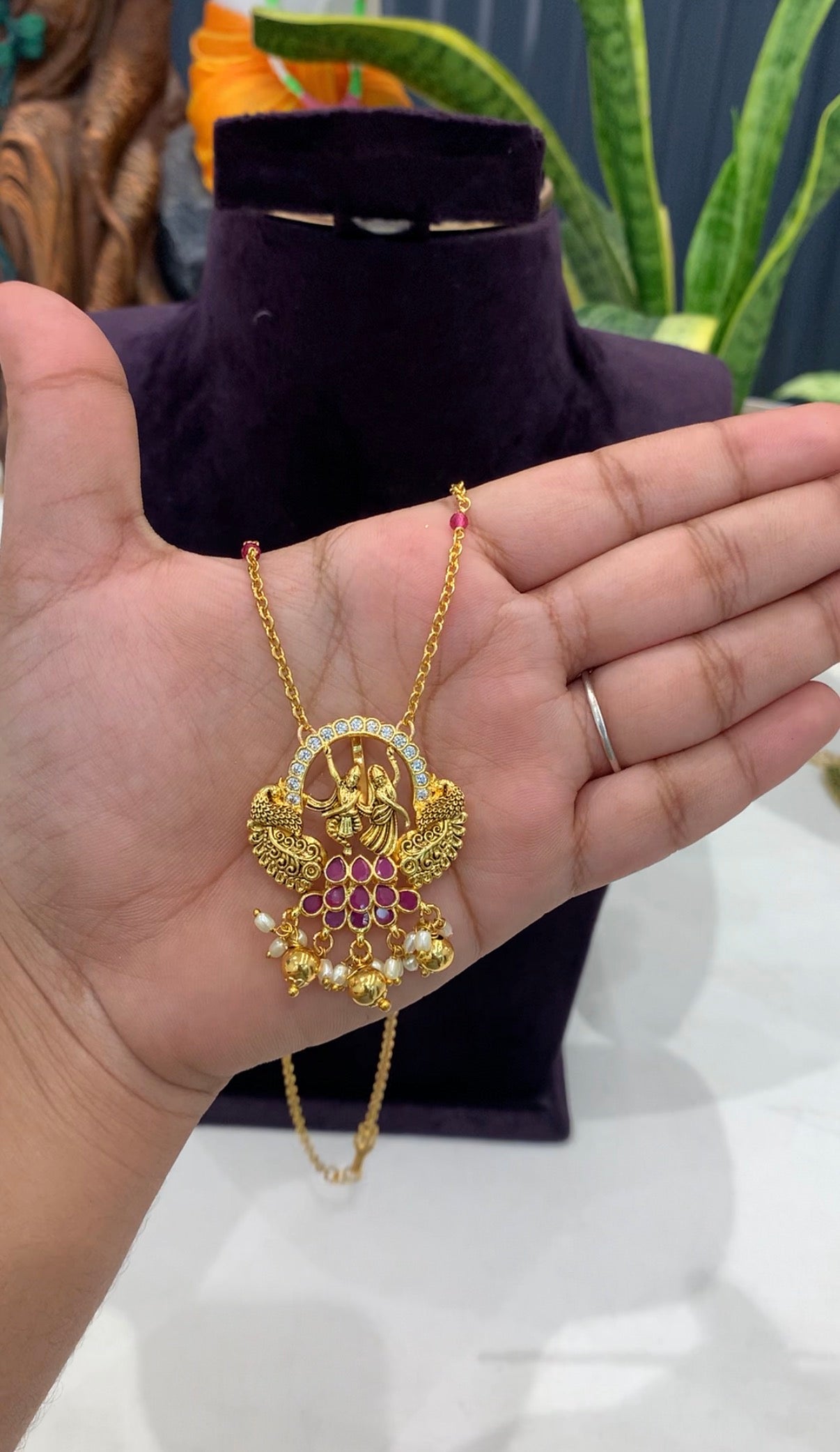 Beautiful Radha Krishna Pendent with handmaking Chandraharam beads chain 18 inchs long
